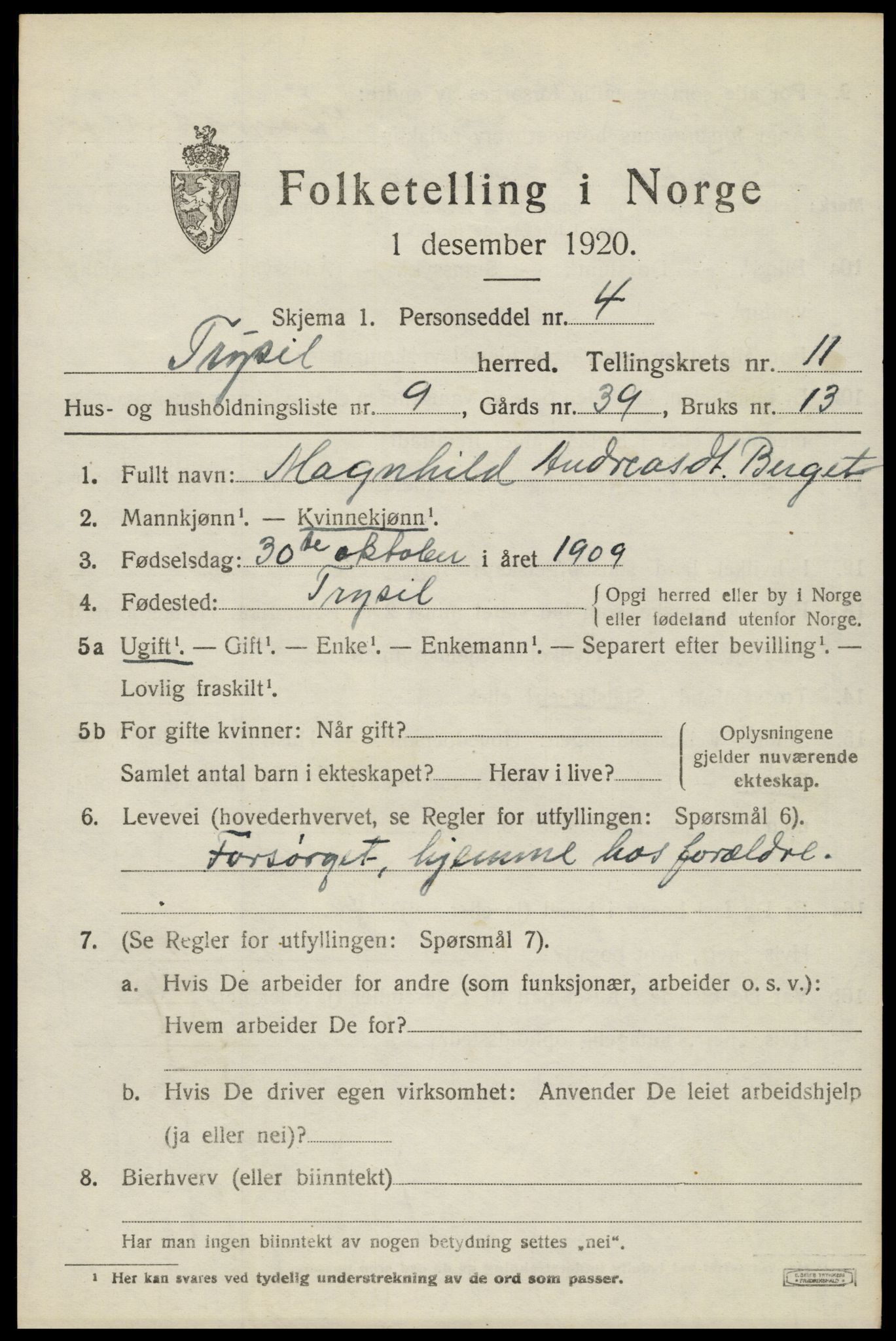 SAH, 1920 census for Trysil, 1920, p. 7061