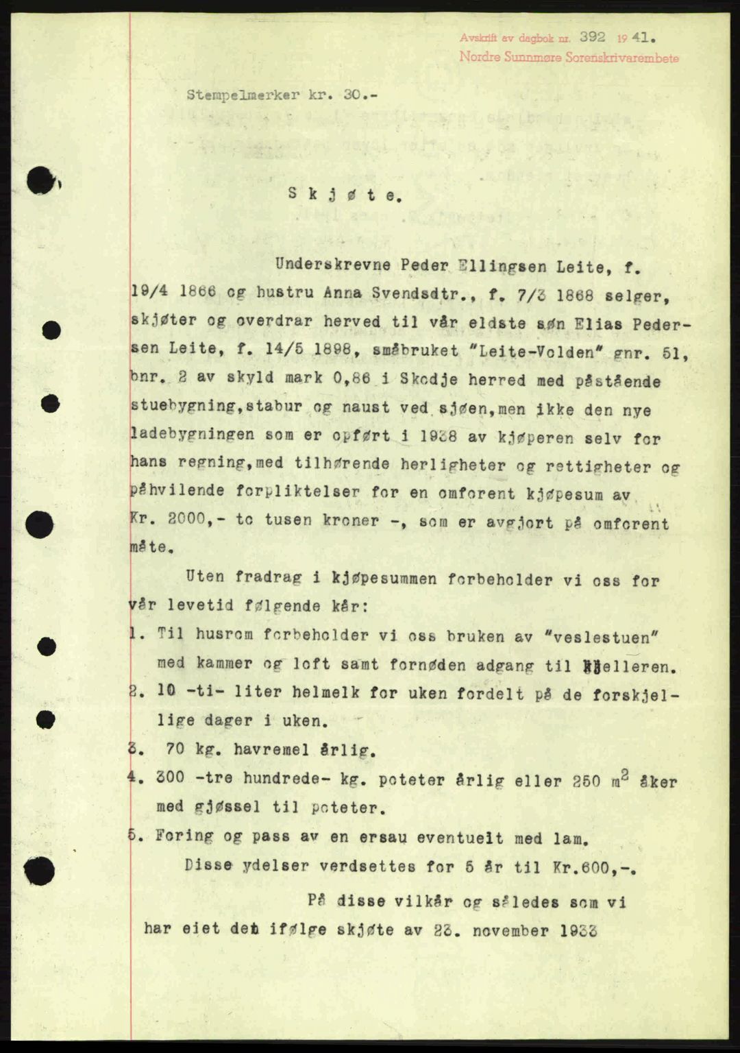 Nordre Sunnmøre sorenskriveri, AV/SAT-A-0006/1/2/2C/2Ca: Mortgage book no. A10, 1940-1941, Diary no: : 392/1941