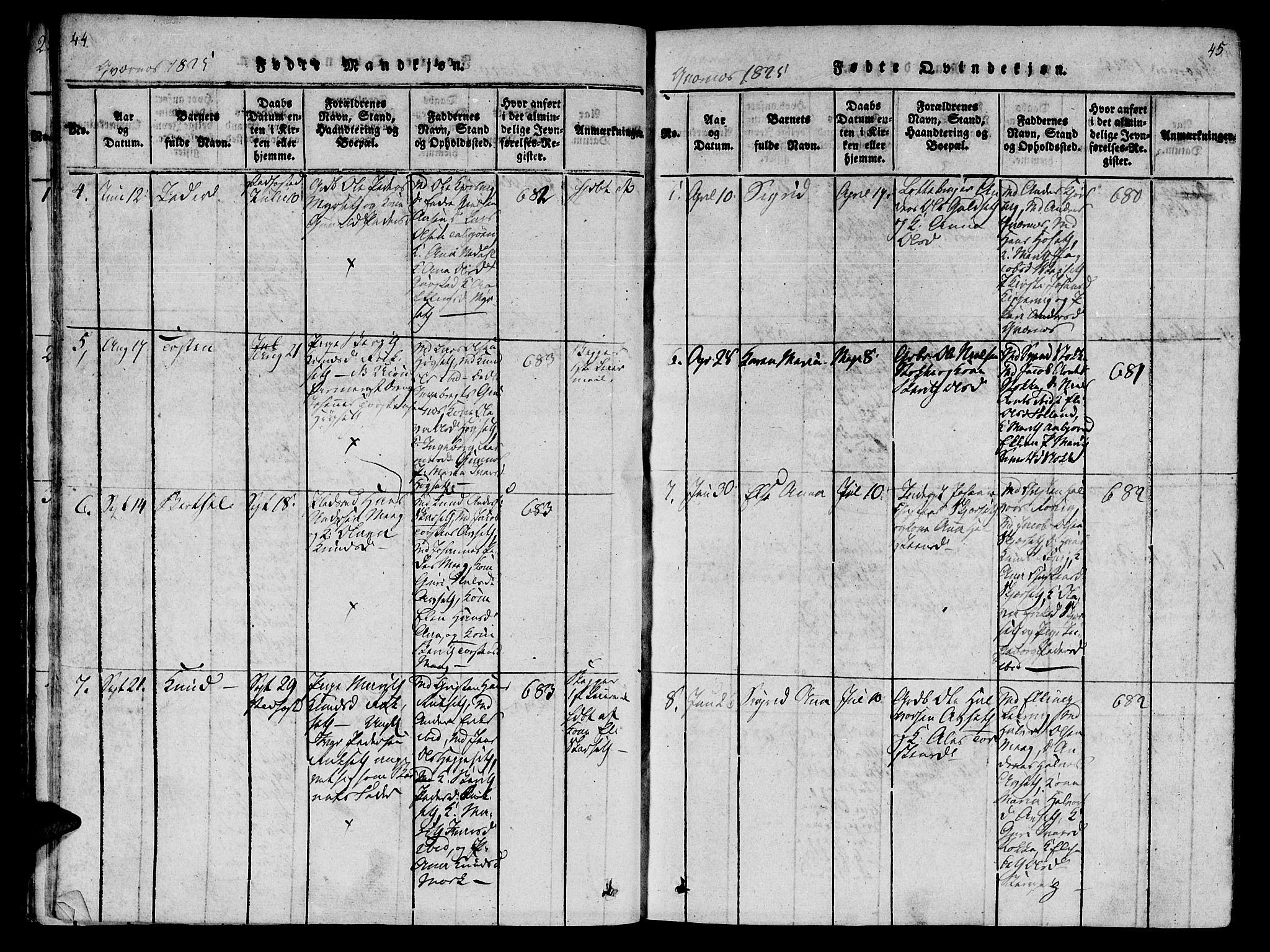 Ministerialprotokoller, klokkerbøker og fødselsregistre - Møre og Romsdal, AV/SAT-A-1454/568/L0800: Parish register (official) no. 568A09 /1, 1819-1830, p. 44-45