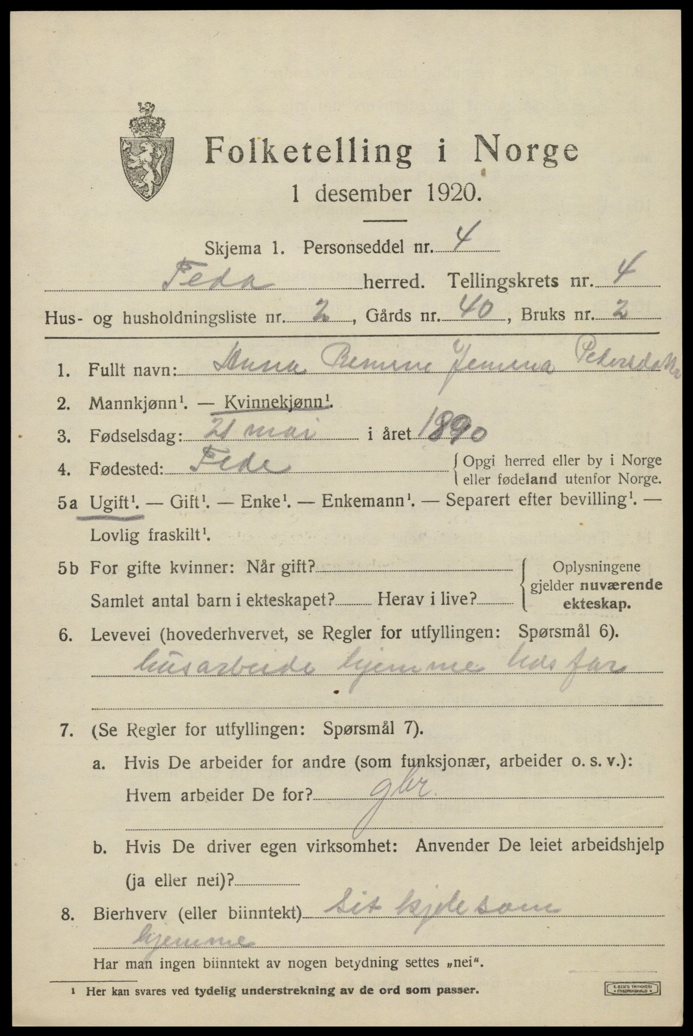 SAK, 1920 census for Feda, 1920, p. 1843