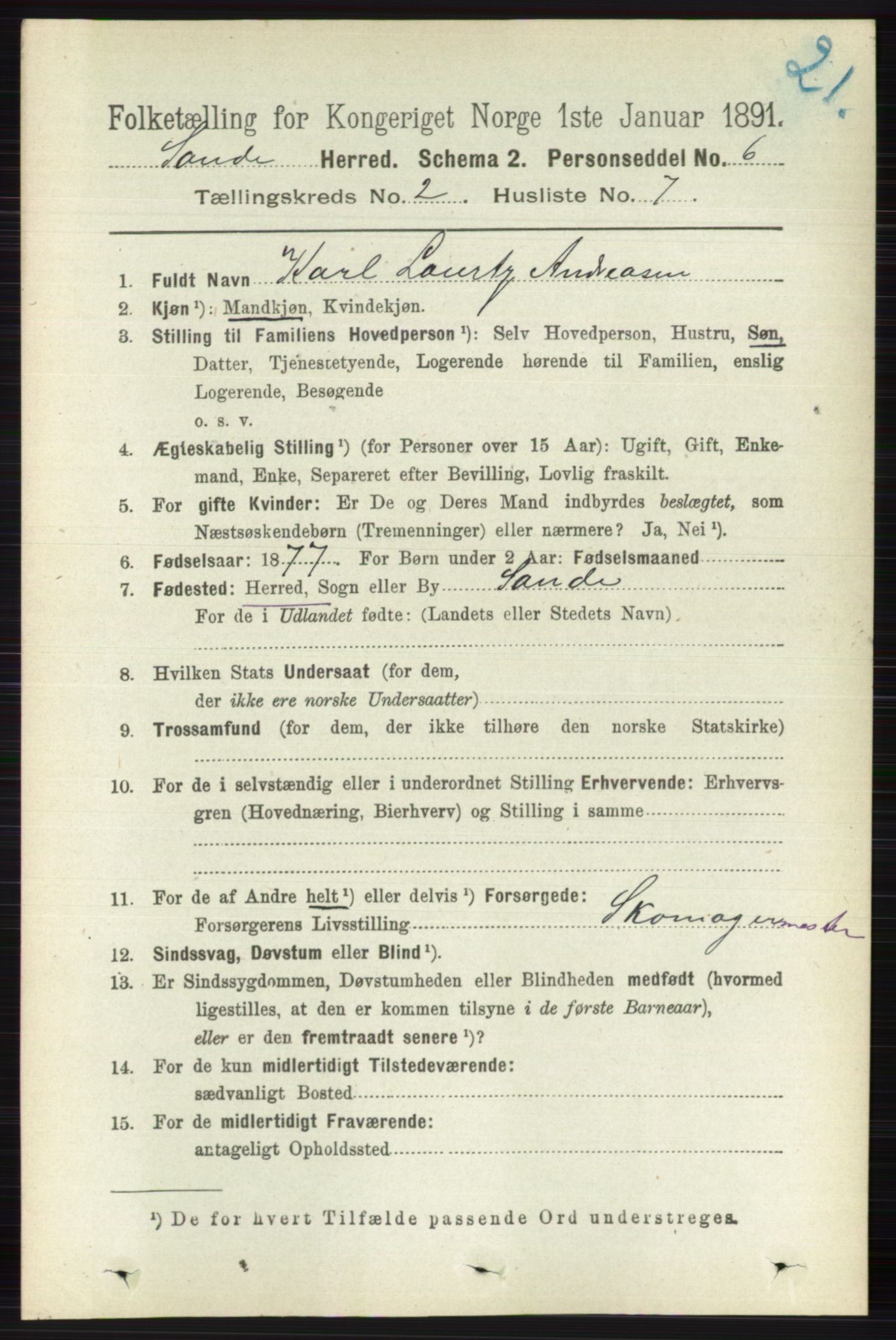 RA, 1891 census for 0713 Sande, 1891, p. 557