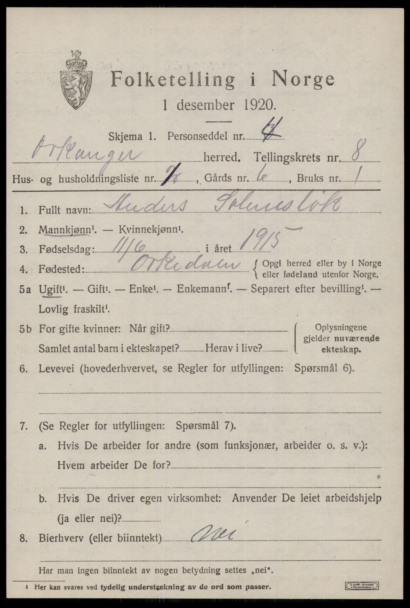 SAT, 1920 census for Orkanger, 1920, p. 3983