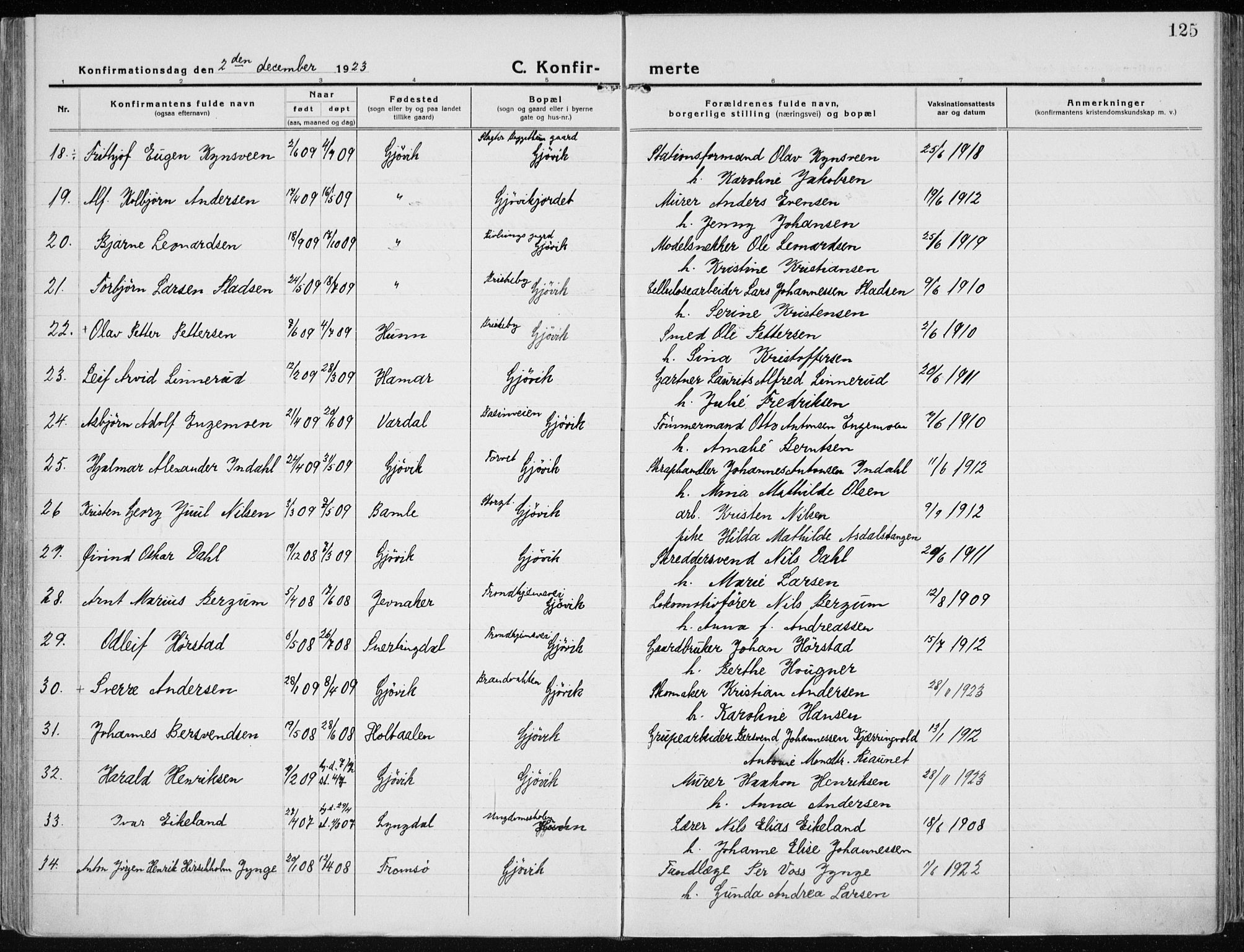 Vardal prestekontor, SAH/PREST-100/H/Ha/Haa/L0015: Parish register (official) no. 15, 1923-1937, p. 125