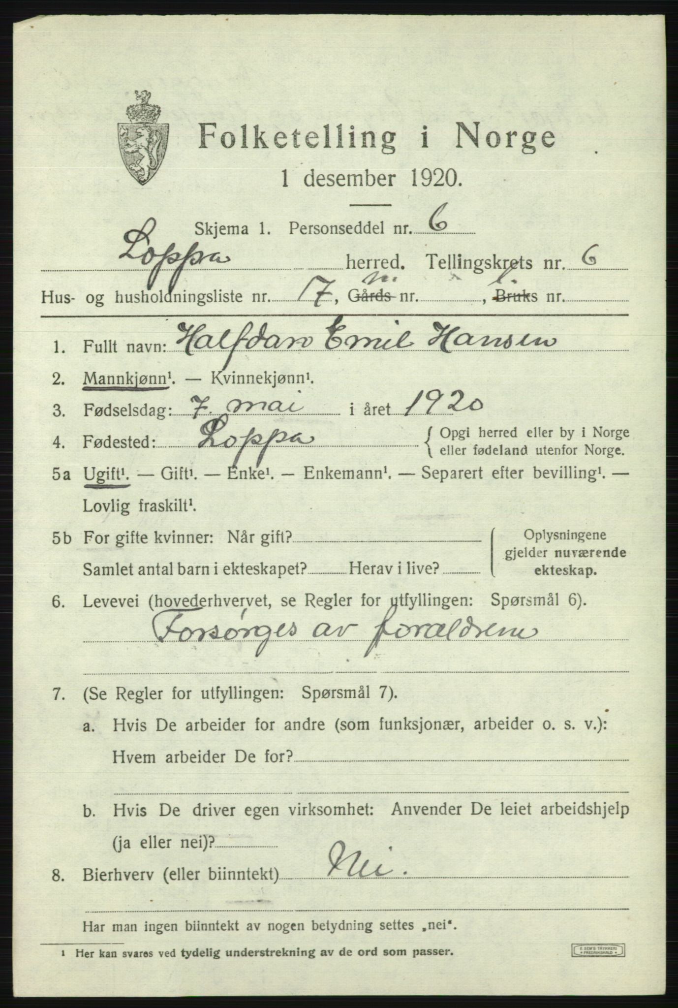 SATØ, 1920 census for Loppa, 1920, p. 2726