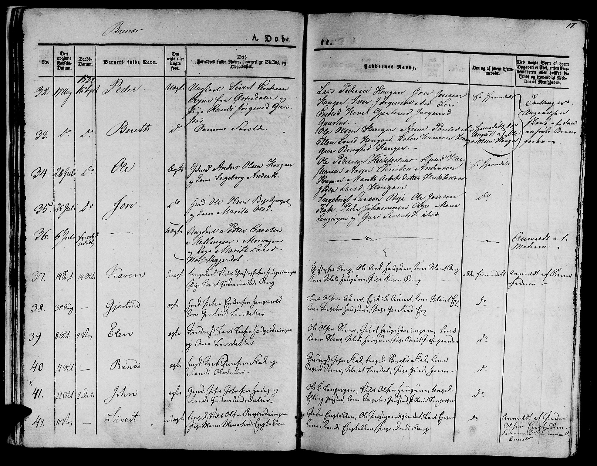 Ministerialprotokoller, klokkerbøker og fødselsregistre - Sør-Trøndelag, SAT/A-1456/612/L0374: Parish register (official) no. 612A07 /1, 1829-1845, p. 17