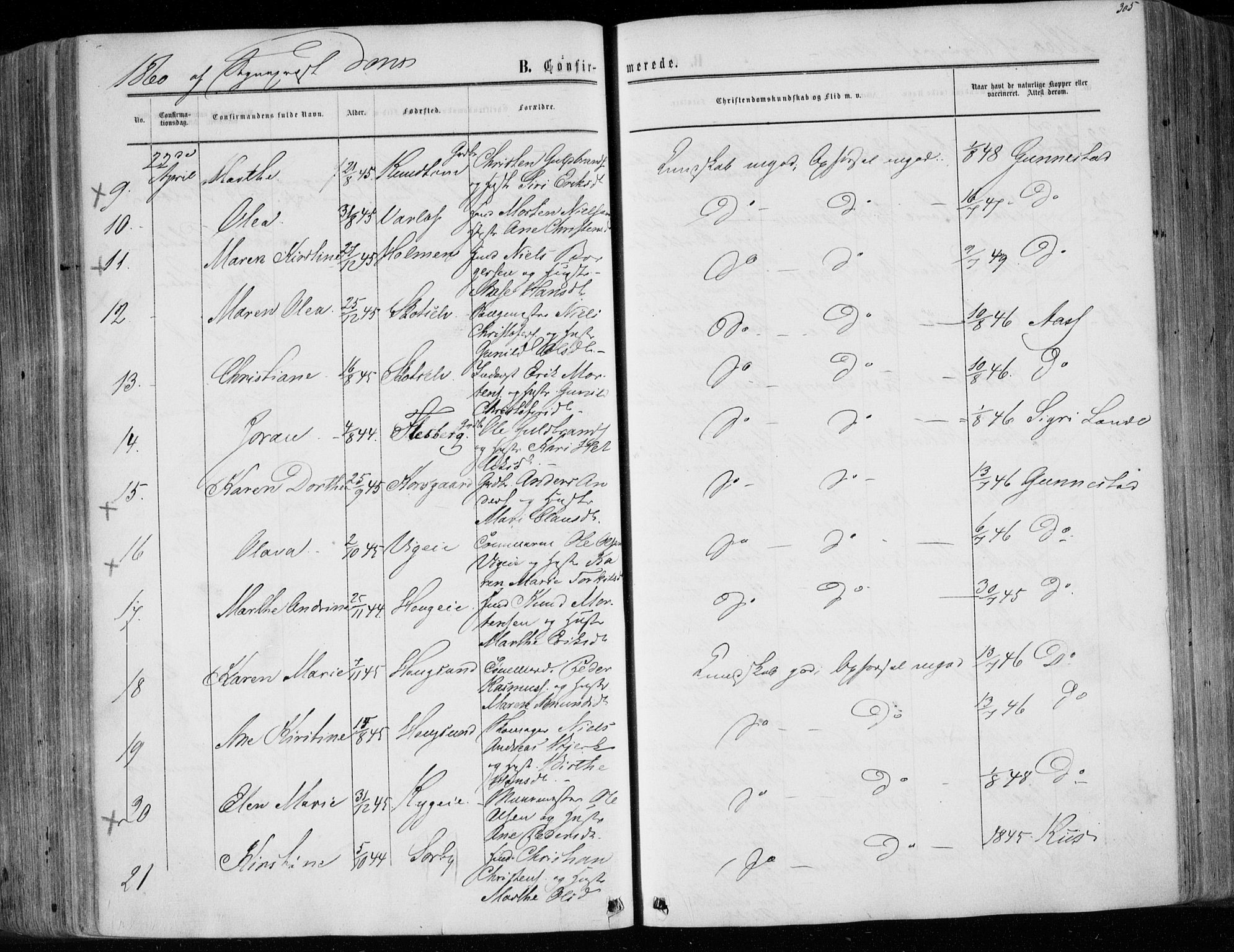 Eiker kirkebøker, SAKO/A-4/F/Fa/L0016: Parish register (official) no. I 16, 1860-1868, p. 305
