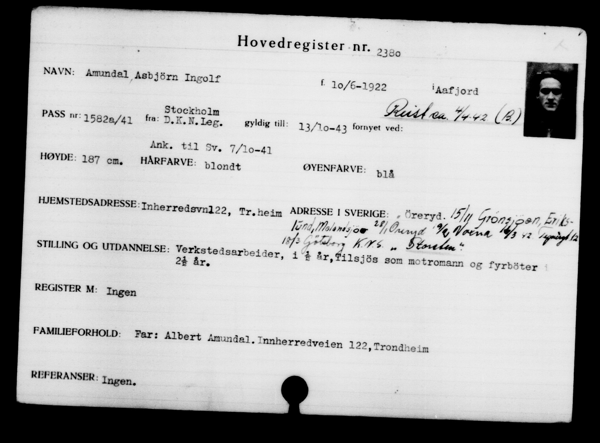 Utenriksstasjonene, Legasjonen i Stockholm, Flyktningkontoret, AV/RA-S-6753/V/Va/L0003: Kjesäterkartoteket, flyktninger med registreringsnr. 2001-3495, 1940-1945, p. 536