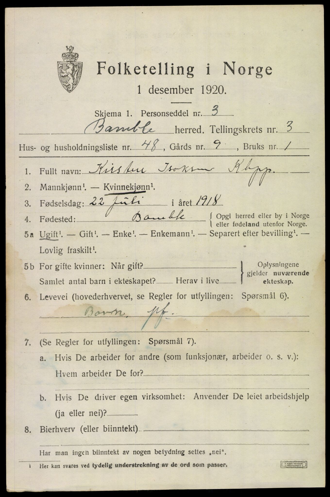 SAKO, 1920 census for Bamble, 1920, p. 4327