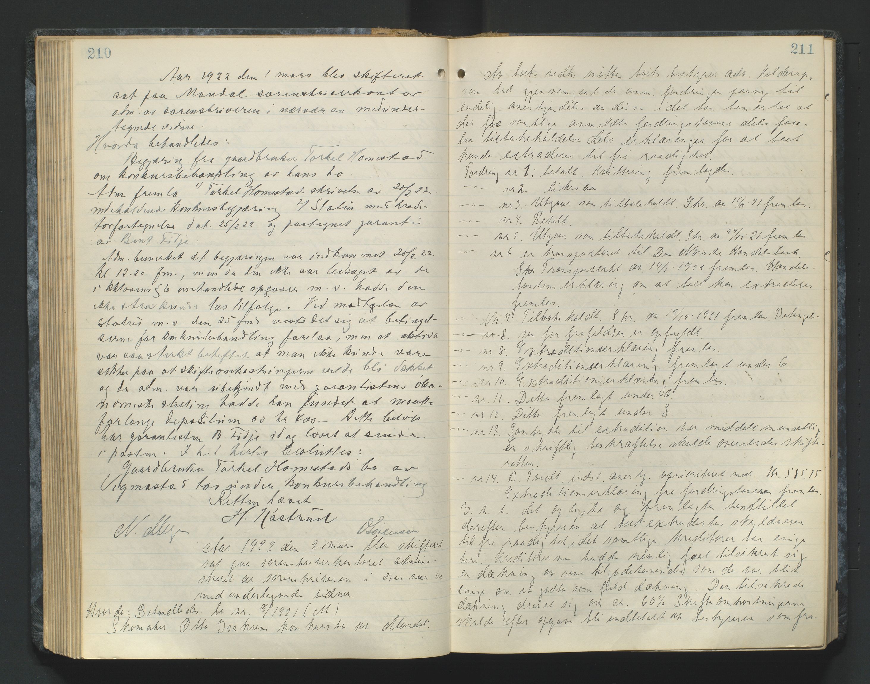 Mandal sorenskriveri, AV/SAK-1221-0005/001/H/Hc/L0084: Skifteforhandlingsprotokoll nr 16, 1921-1924, p. 210-211