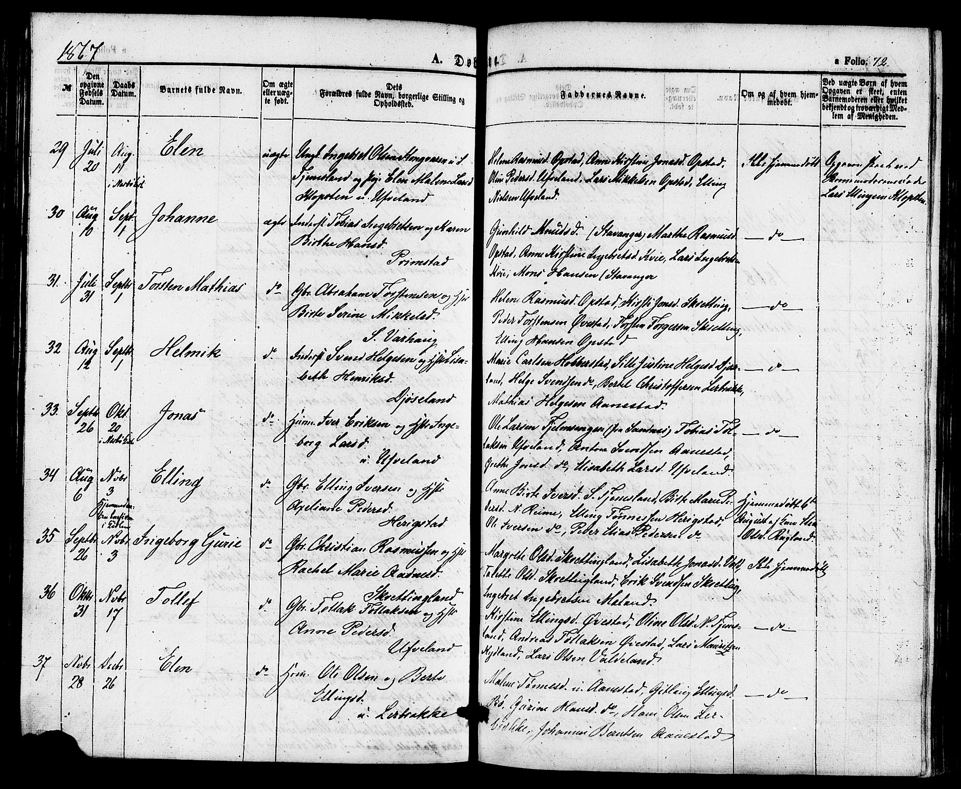 Hå sokneprestkontor, AV/SAST-A-101801/001/30BA/L0009: Parish register (official) no. A 8, 1855-1878, p. 72