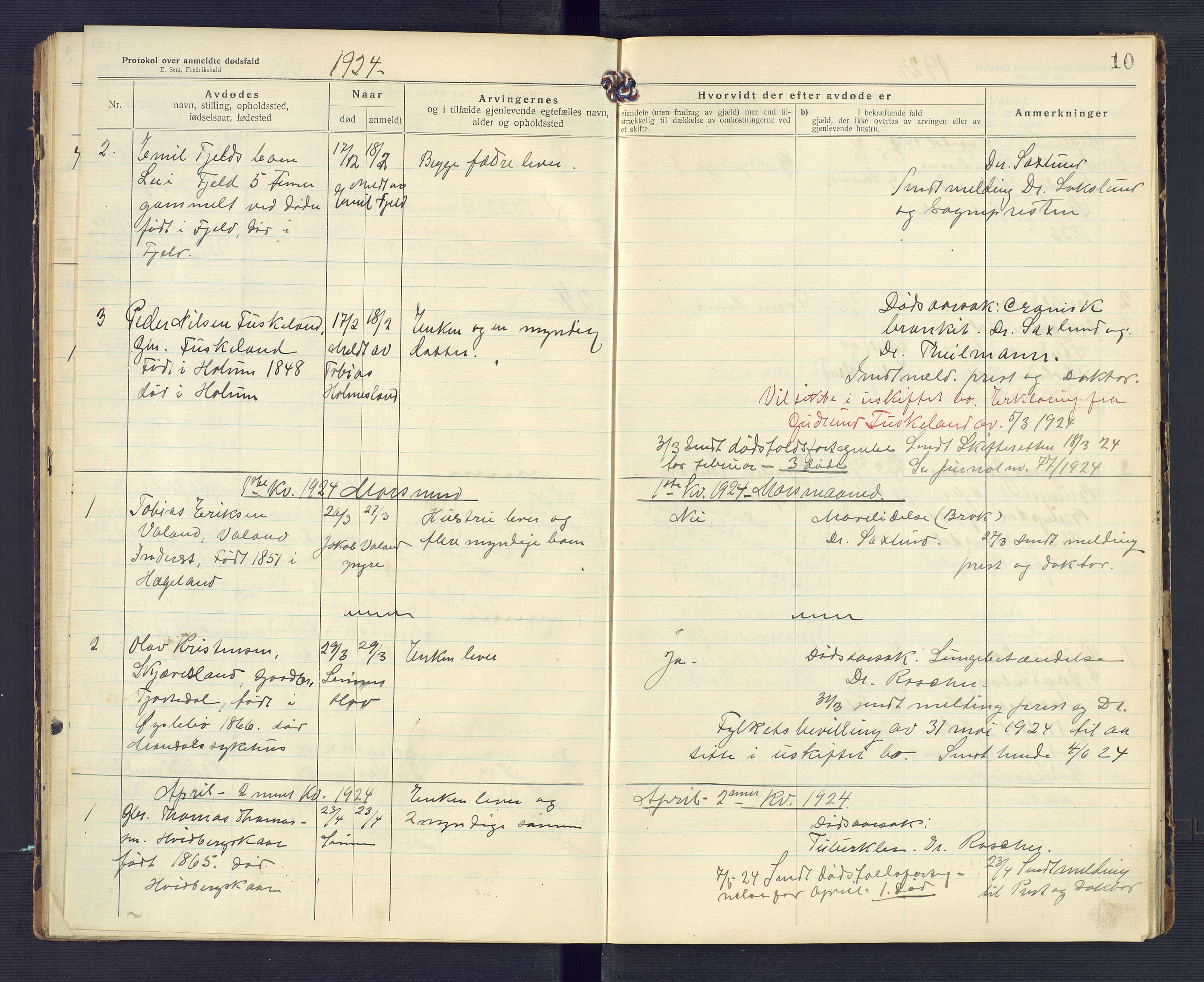 Holum lensmannskontor, AV/SAK-1241-0022/F/Fe/L0002: Anmeldte dødsfall nr 22, 1922-1932, p. 10