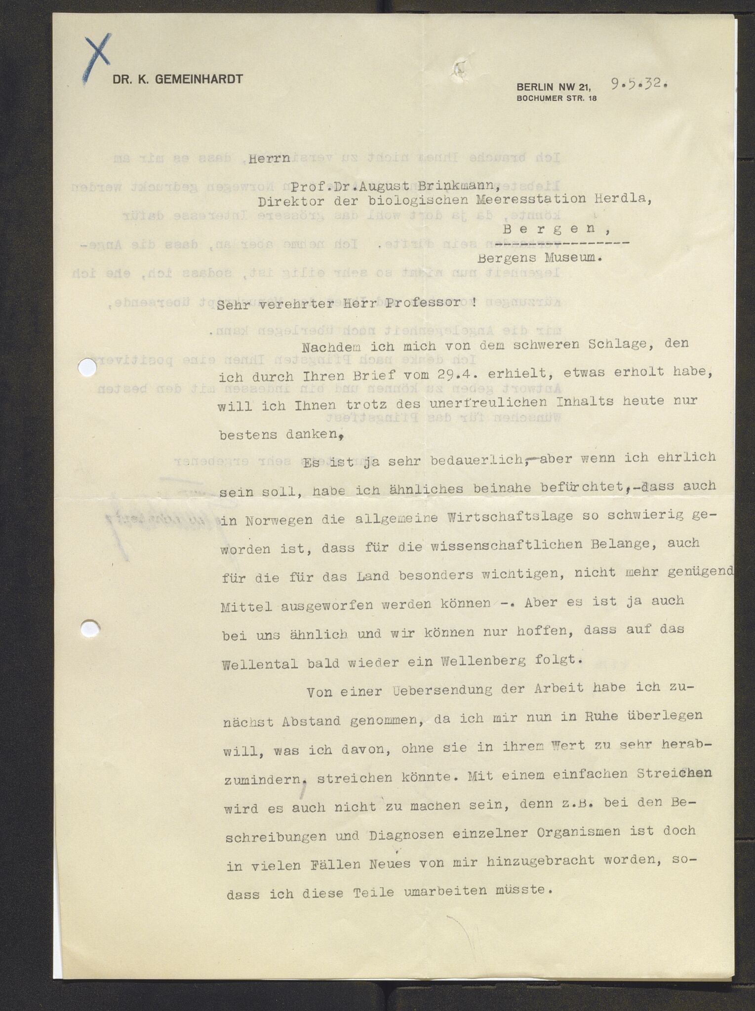 Bergens Museum, AV/SAB-A-17301/13/D/L0002: Korrespondanse , 1928-1940, p. 468