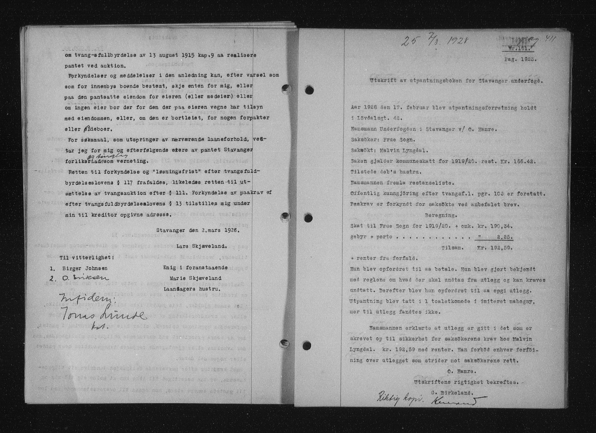 Stavanger byfogd, AV/SAST-A-101408/001/4/41/410/410BB/L0053: Mortgage book no. 41, 1927-1928, Deed date: 07.03.1928