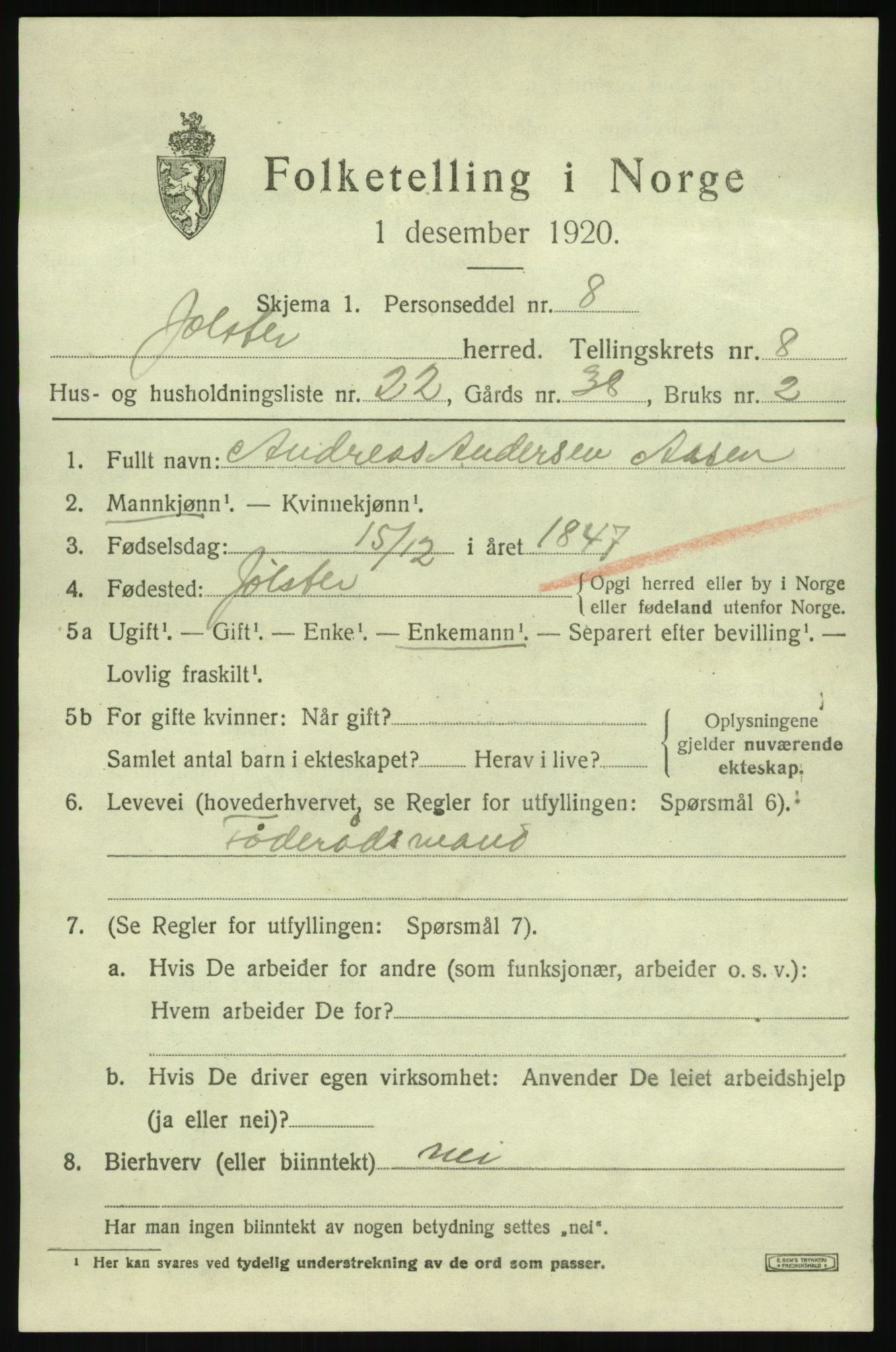 SAB, 1920 census for Jølster, 1920, p. 4308