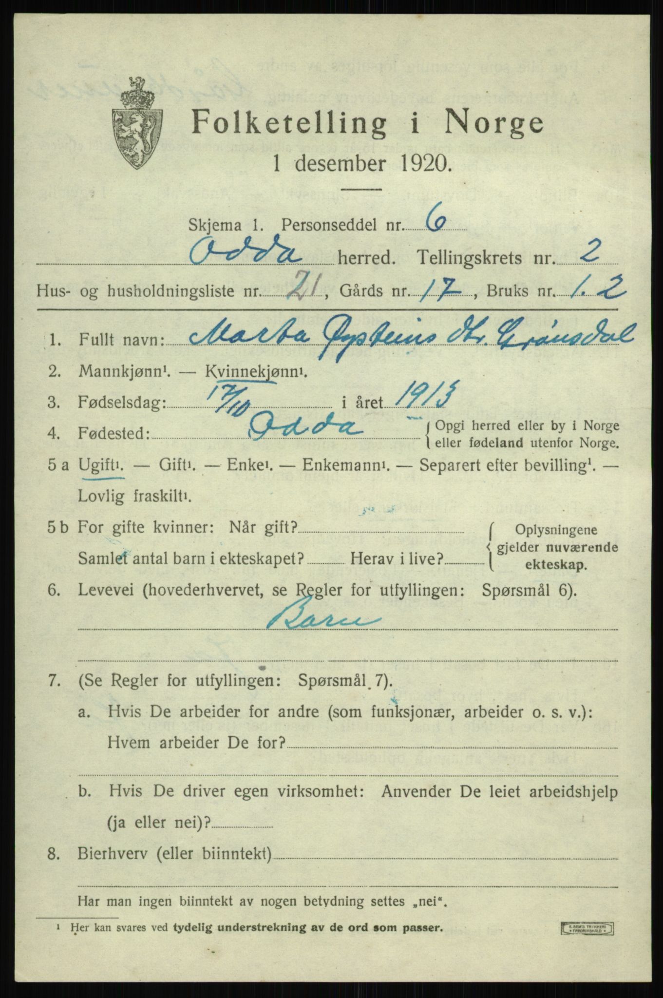 SAB, 1920 census for Odda, 1920, p. 2135