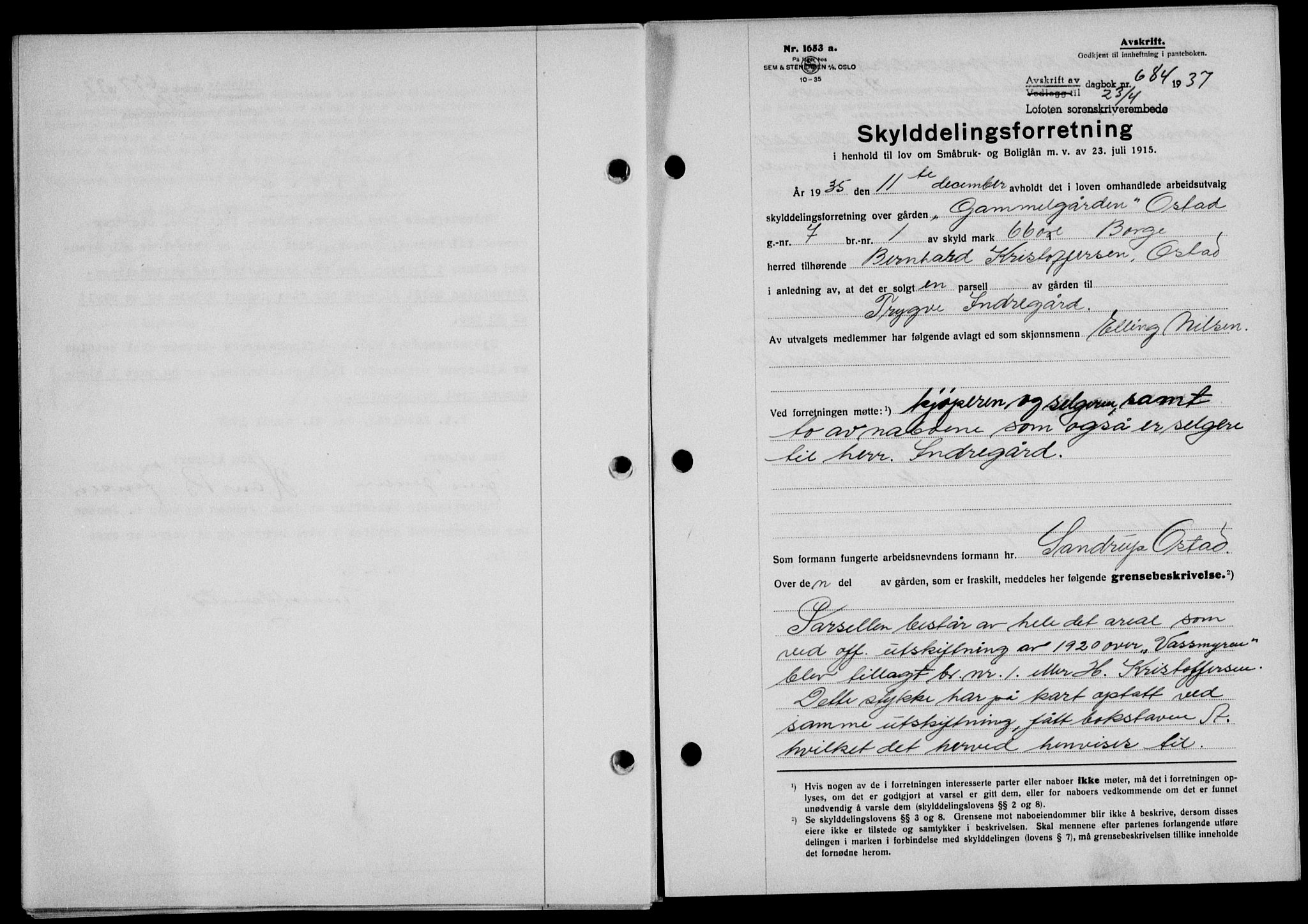 Lofoten sorenskriveri, SAT/A-0017/1/2/2C/L0002a: Mortgage book no. 2a, 1937-1937, Diary no: : 684/1937