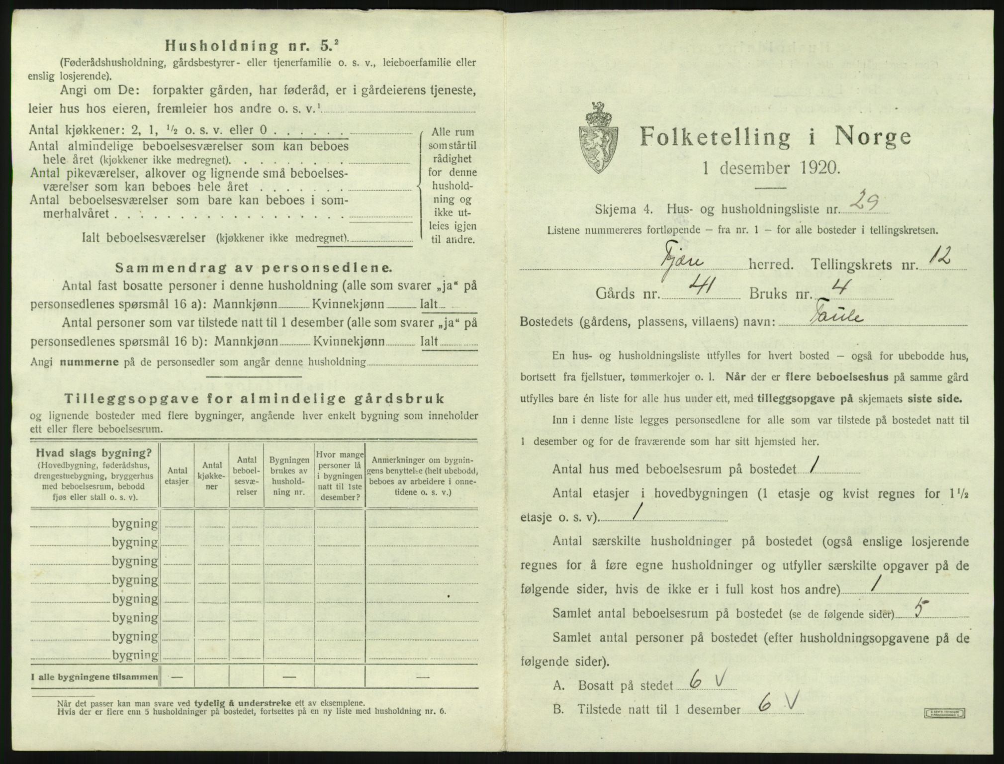 SAK, 1920 census for Fjære, 1920, p. 2107