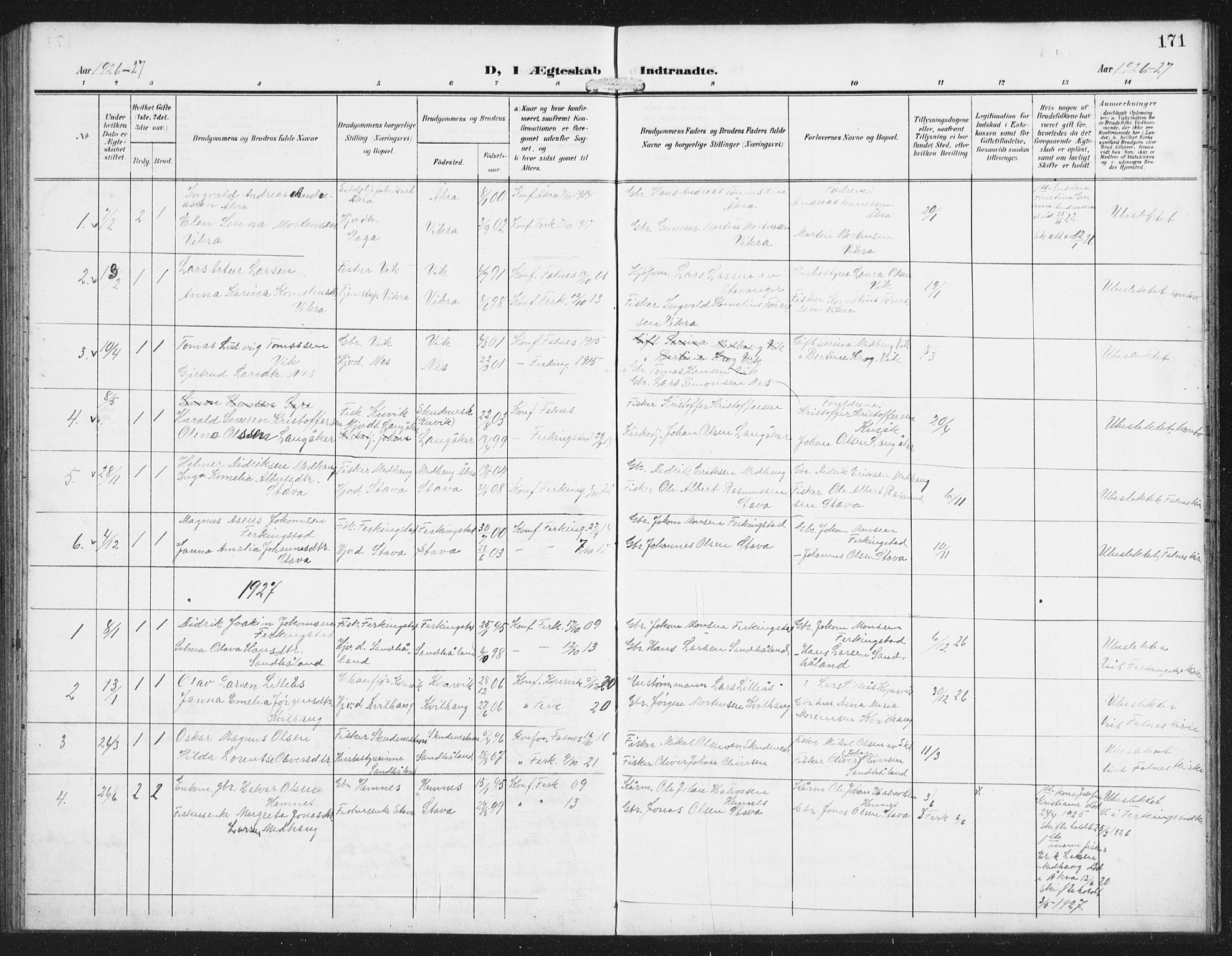Skudenes sokneprestkontor, SAST/A -101849/H/Ha/Hab/L0011: Parish register (copy) no. B 11, 1909-1943, p. 171