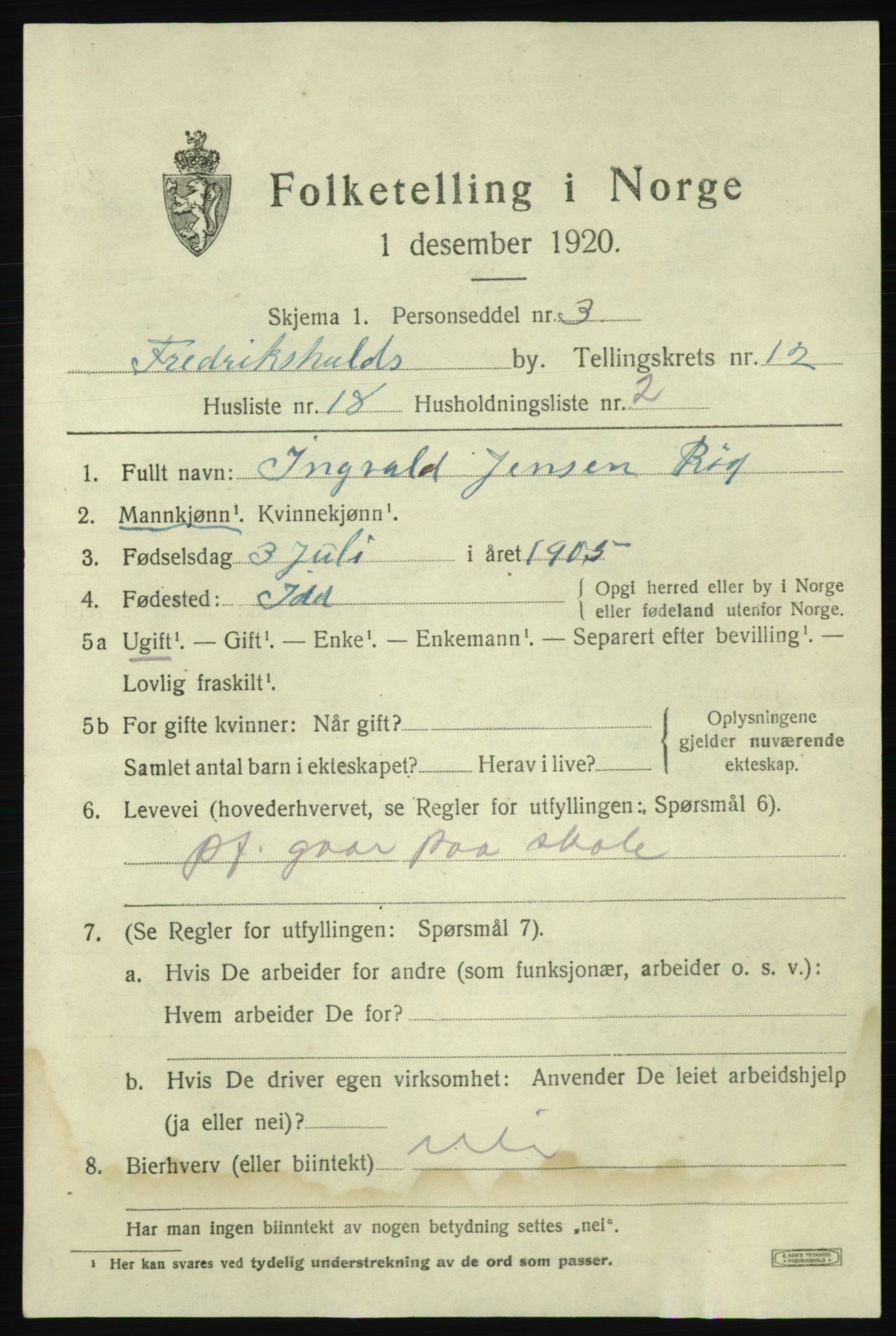 SAO, 1920 census for Fredrikshald, 1920, p. 20259