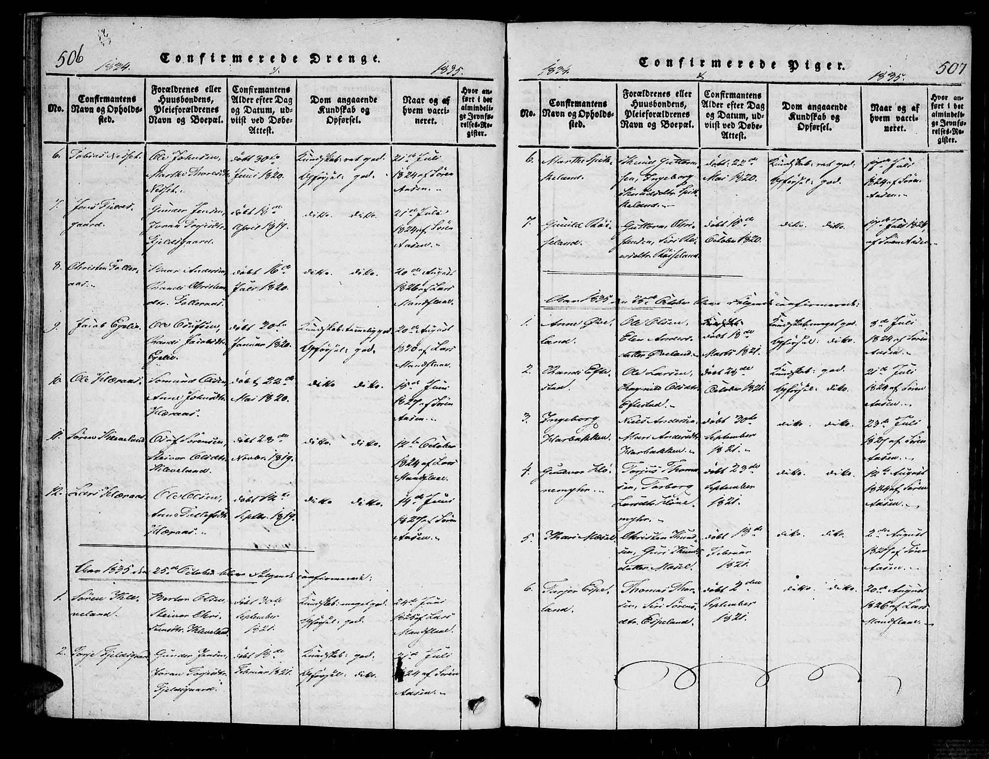 Bjelland sokneprestkontor, SAK/1111-0005/F/Fa/Fab/L0002: Parish register (official) no. A 2, 1816-1869, p. 506-507