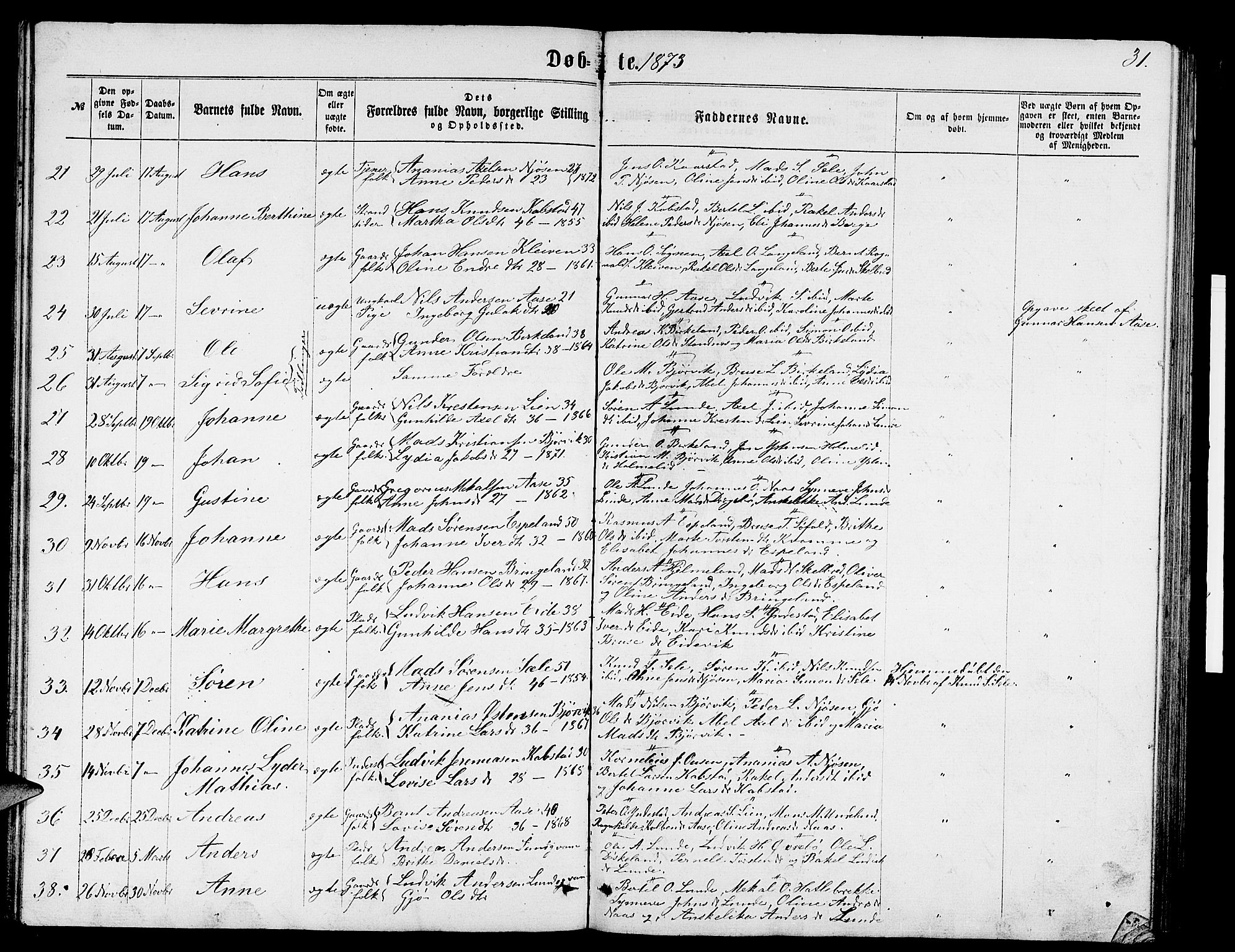 Gaular sokneprestembete, SAB/A-80001/H/Hab: Parish register (copy) no. B 2, 1863-1881, p. 31