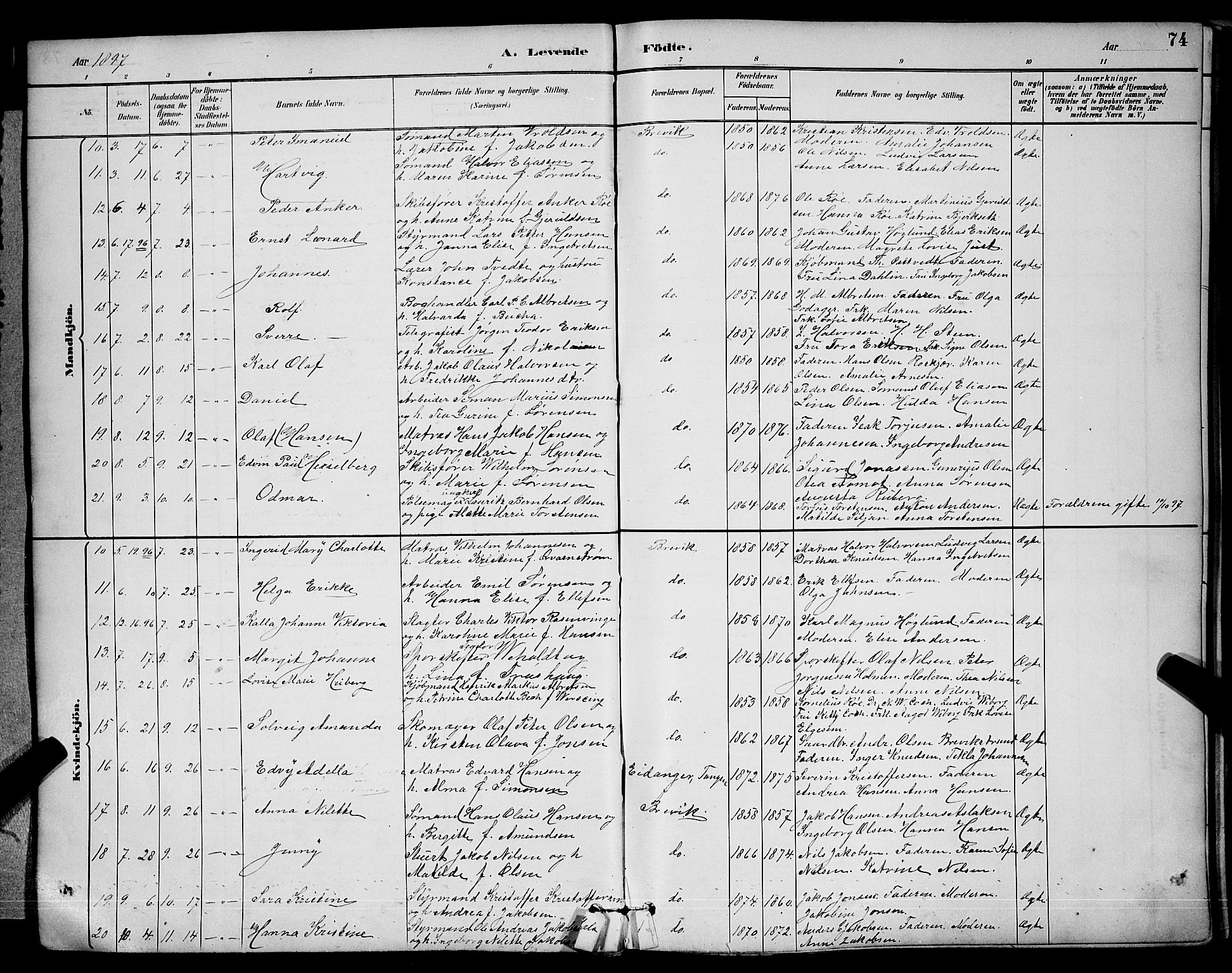 Brevik kirkebøker, AV/SAKO-A-255/G/Ga/L0004: Parish register (copy) no. 4, 1882-1900, p. 74