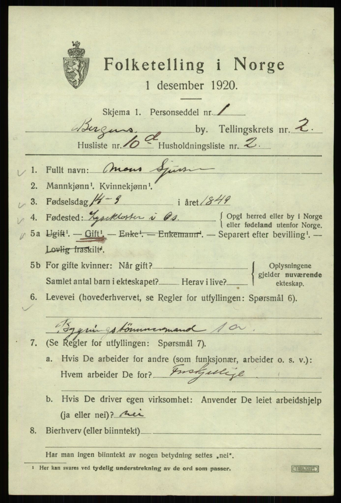 SAB, 1920 census for Bergen, 1920, p. 60269