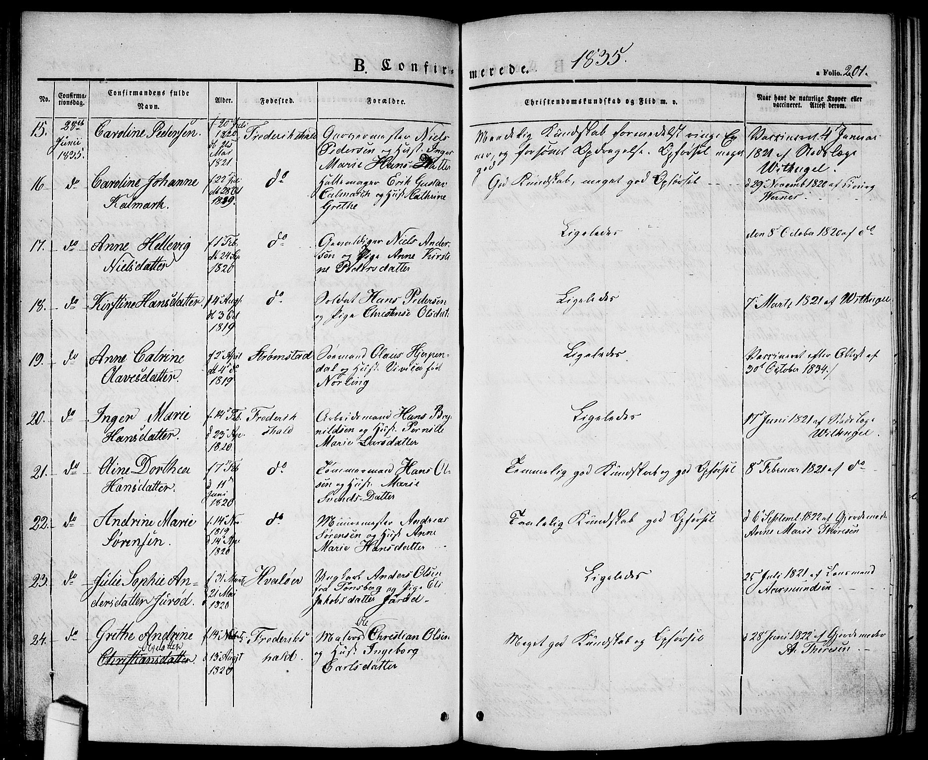 Halden prestekontor Kirkebøker, AV/SAO-A-10909/G/Ga/L0003: Parish register (copy) no. 3, 1834-1844, p. 201