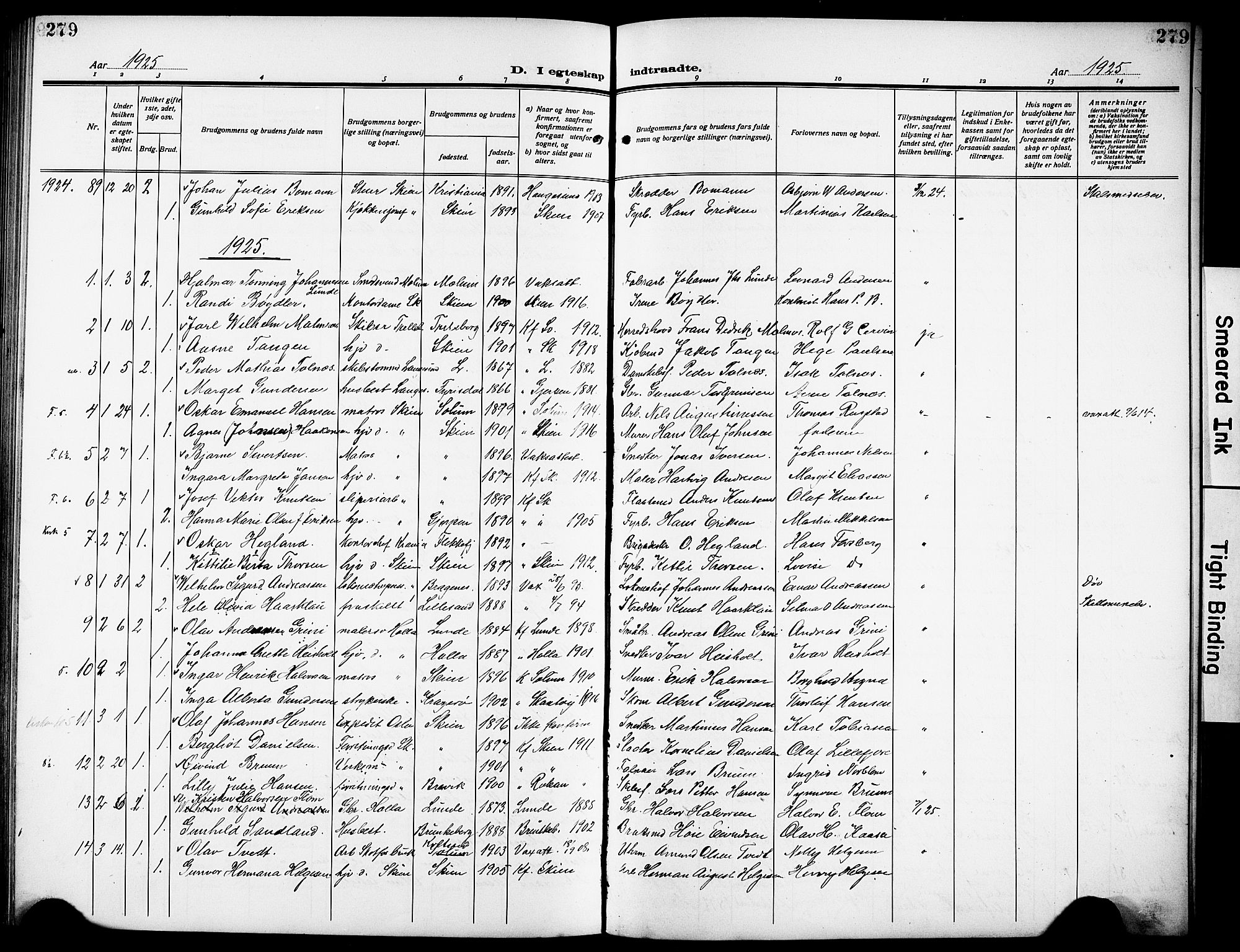 Skien kirkebøker, AV/SAKO-A-302/G/Ga/L0010: Parish register (copy) no. 10, 1920-1931, p. 279