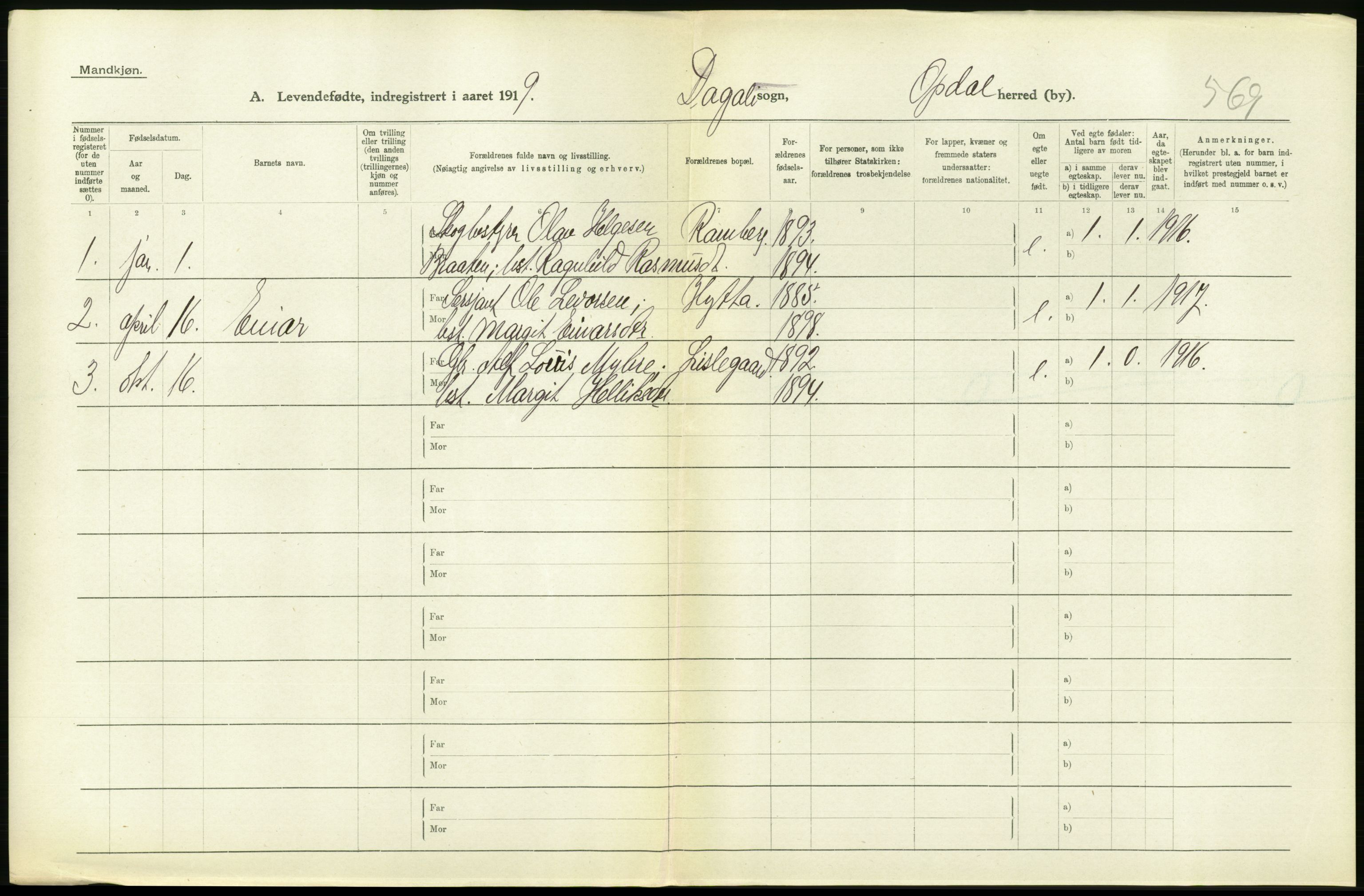 Statistisk sentralbyrå, Sosiodemografiske emner, Befolkning, RA/S-2228/D/Df/Dfb/Dfbi/L0016: Buskerud fylke: Levendefødte menn og kvinner. Bygder., 1919, p. 264