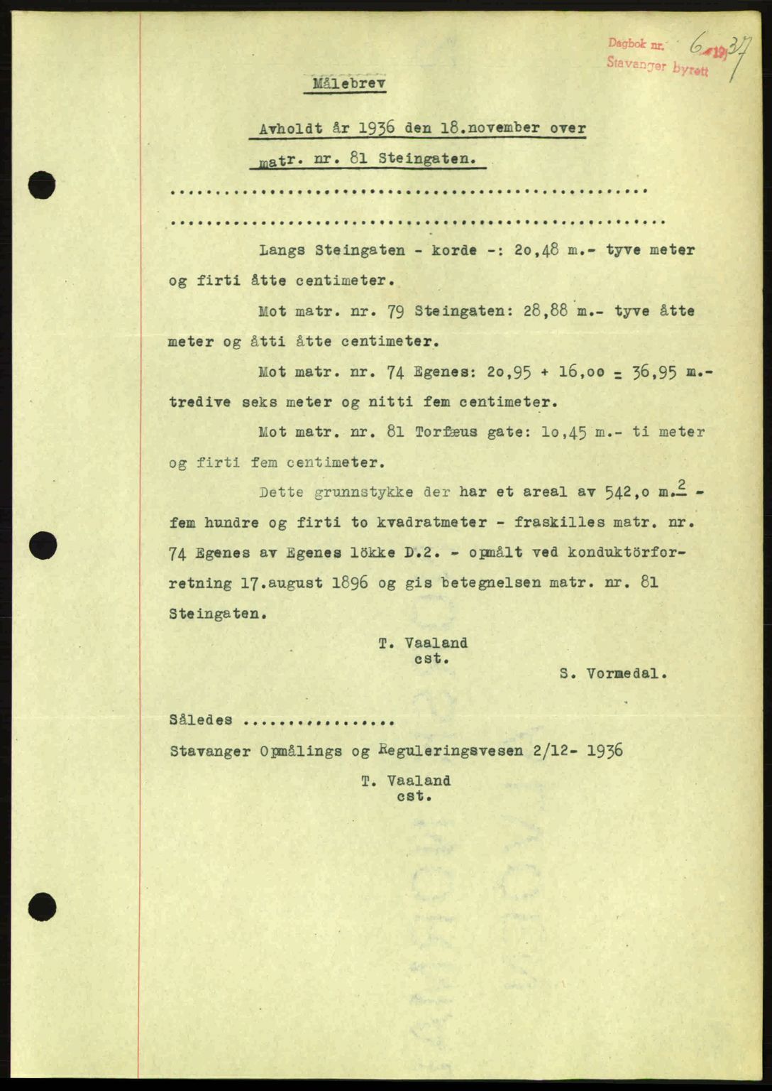 Stavanger byrett, SAST/A-100455/002/G/Gb/L0012: Mortgage book no. A2, 1936-1937, Diary no: : 6/1937