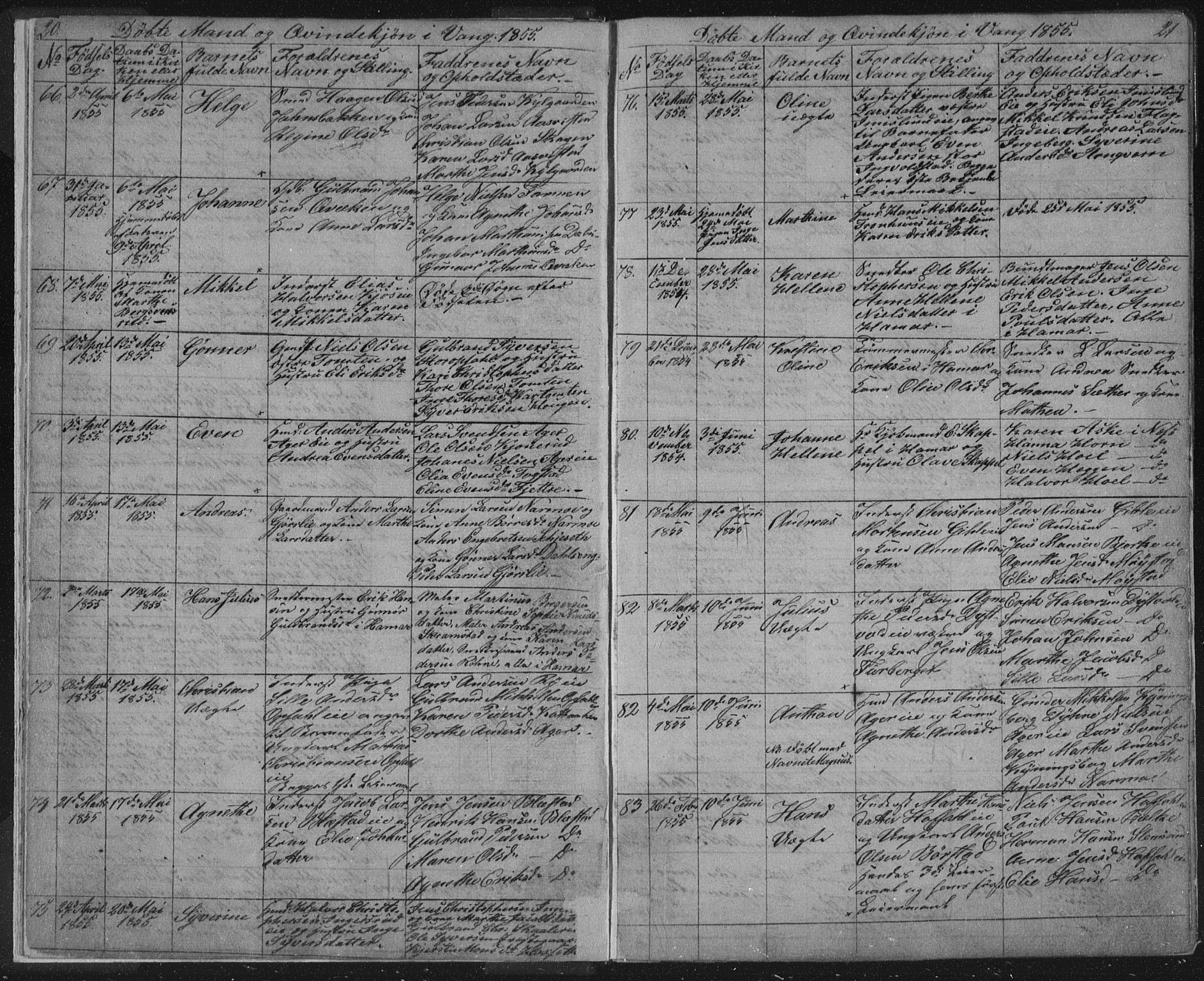 Vang prestekontor, Hedmark, AV/SAH-PREST-008/H/Ha/Hab/L0010A: Parish register (copy) no. 10a, 1854-1896, p. 20-21