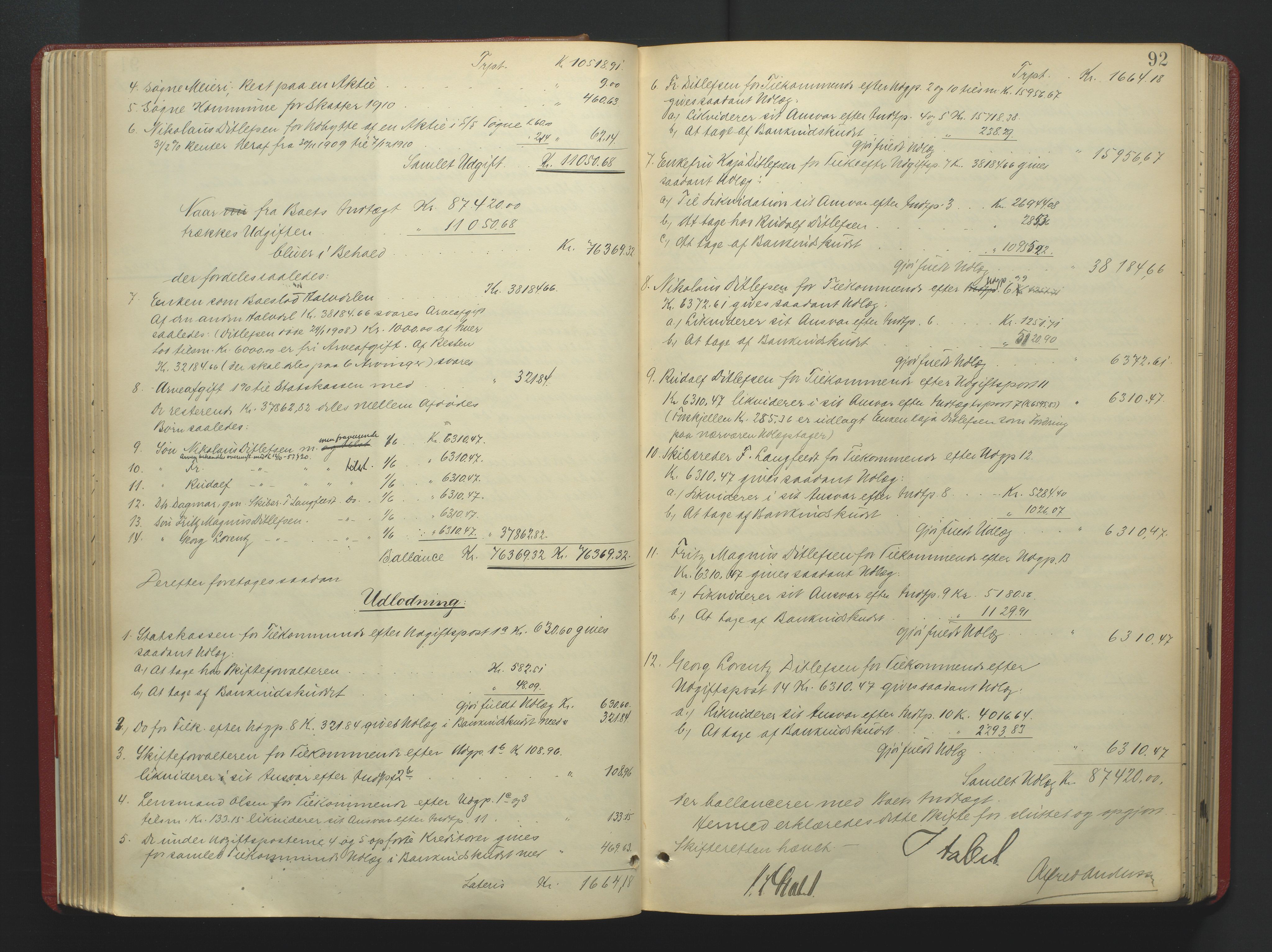 Torridal sorenskriveri, SAK/1221-0012/H/Hc/L0036: Skifteutlodningsprotokoll med navneregister nr. 5, 1906-1918, p. 92