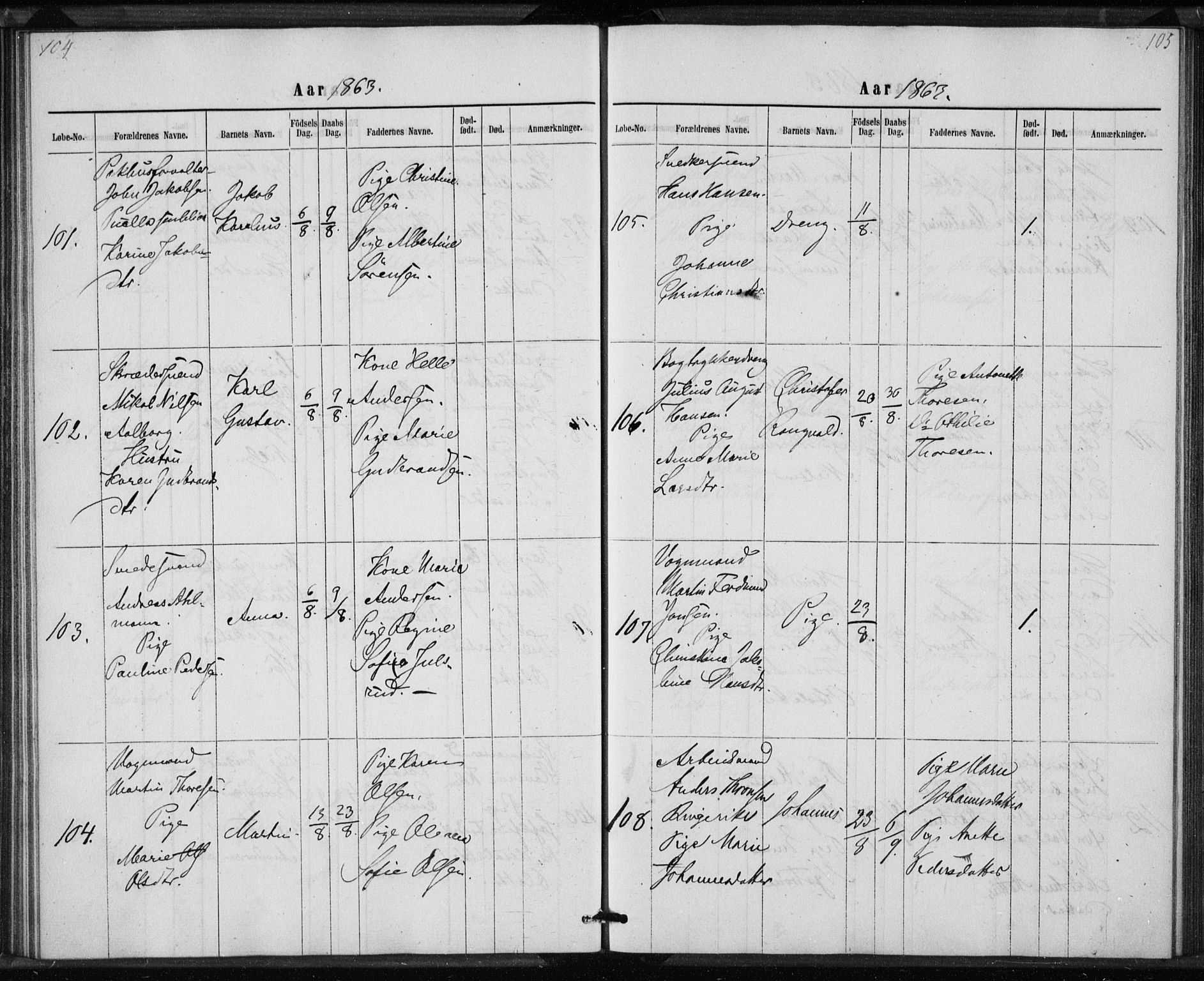 Rikshospitalet prestekontor Kirkebøker, AV/SAO-A-10309b/K/L0002/0002: Baptism register no. 2.2, 1860-1868, p. 104-105