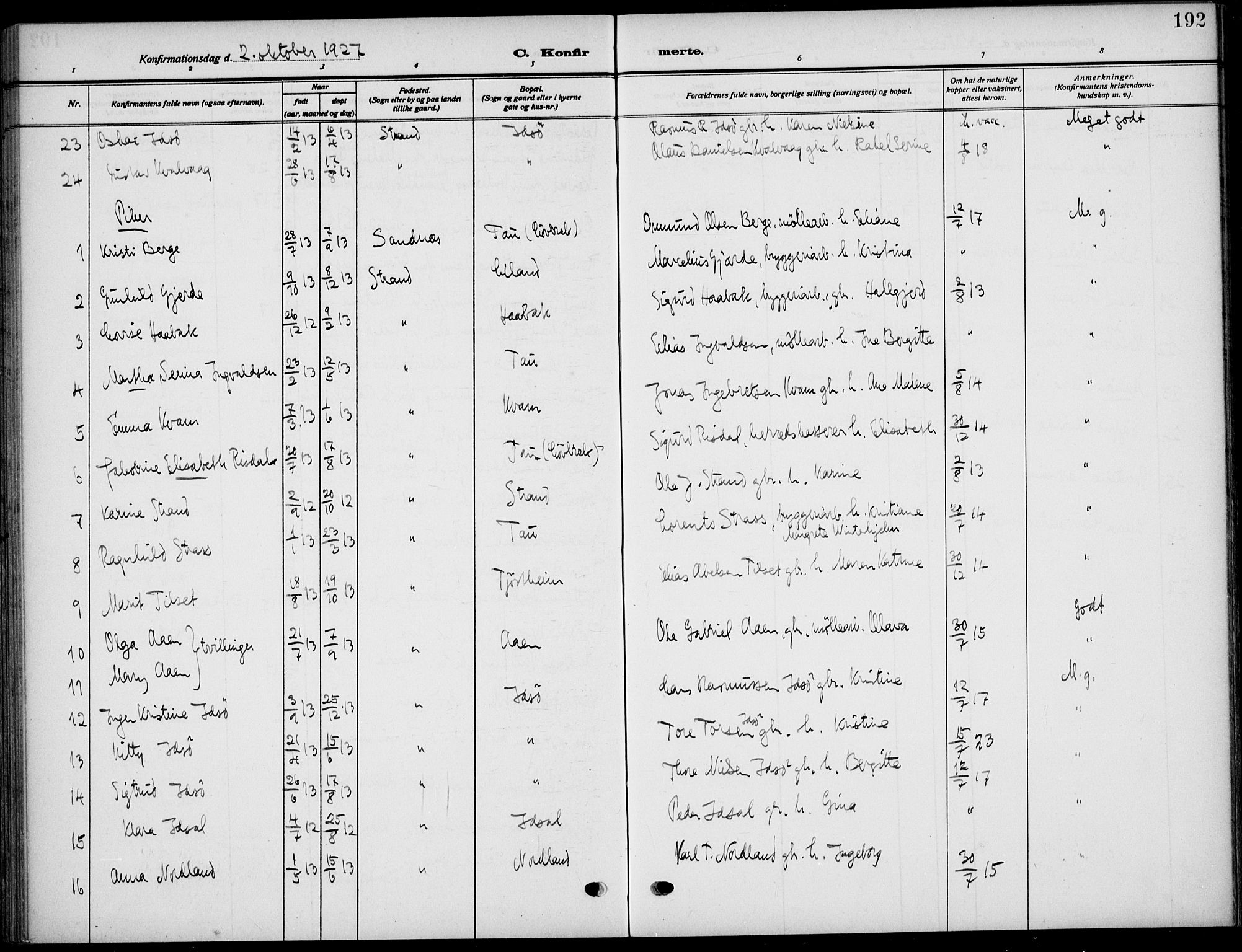 Strand sokneprestkontor, SAST/A-101828/H/Ha/Haa/L0011: Parish register (official) no. A 11, 1908-1930, p. 192