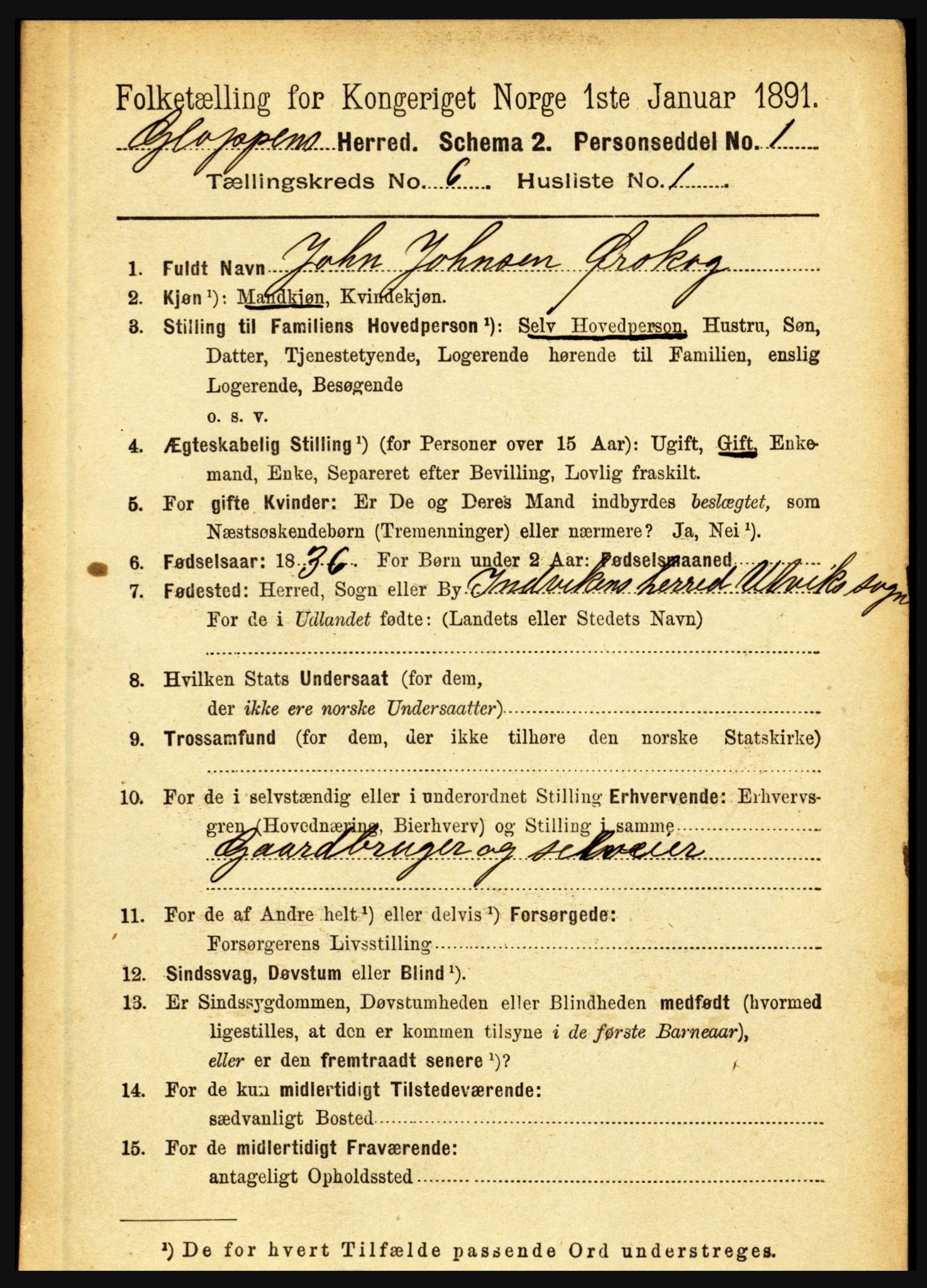 RA, 1891 census for 1445 Gloppen, 1891, p. 2254