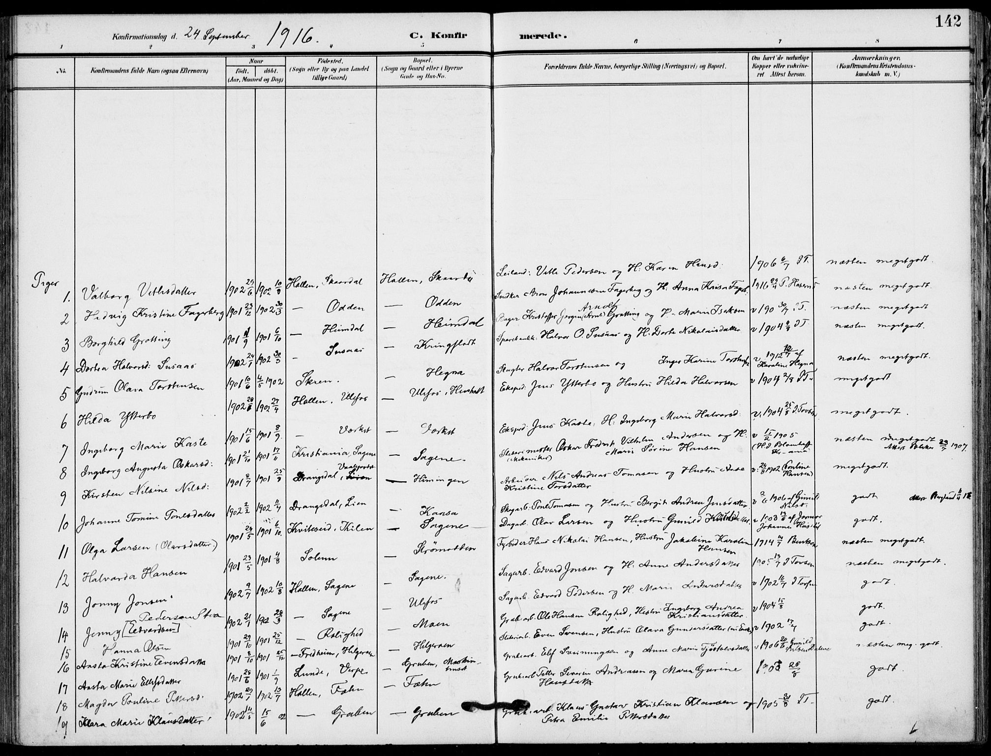 Holla kirkebøker, AV/SAKO-A-272/F/Fa/L0012: Parish register (official) no. 12, 1907-1923, p. 142