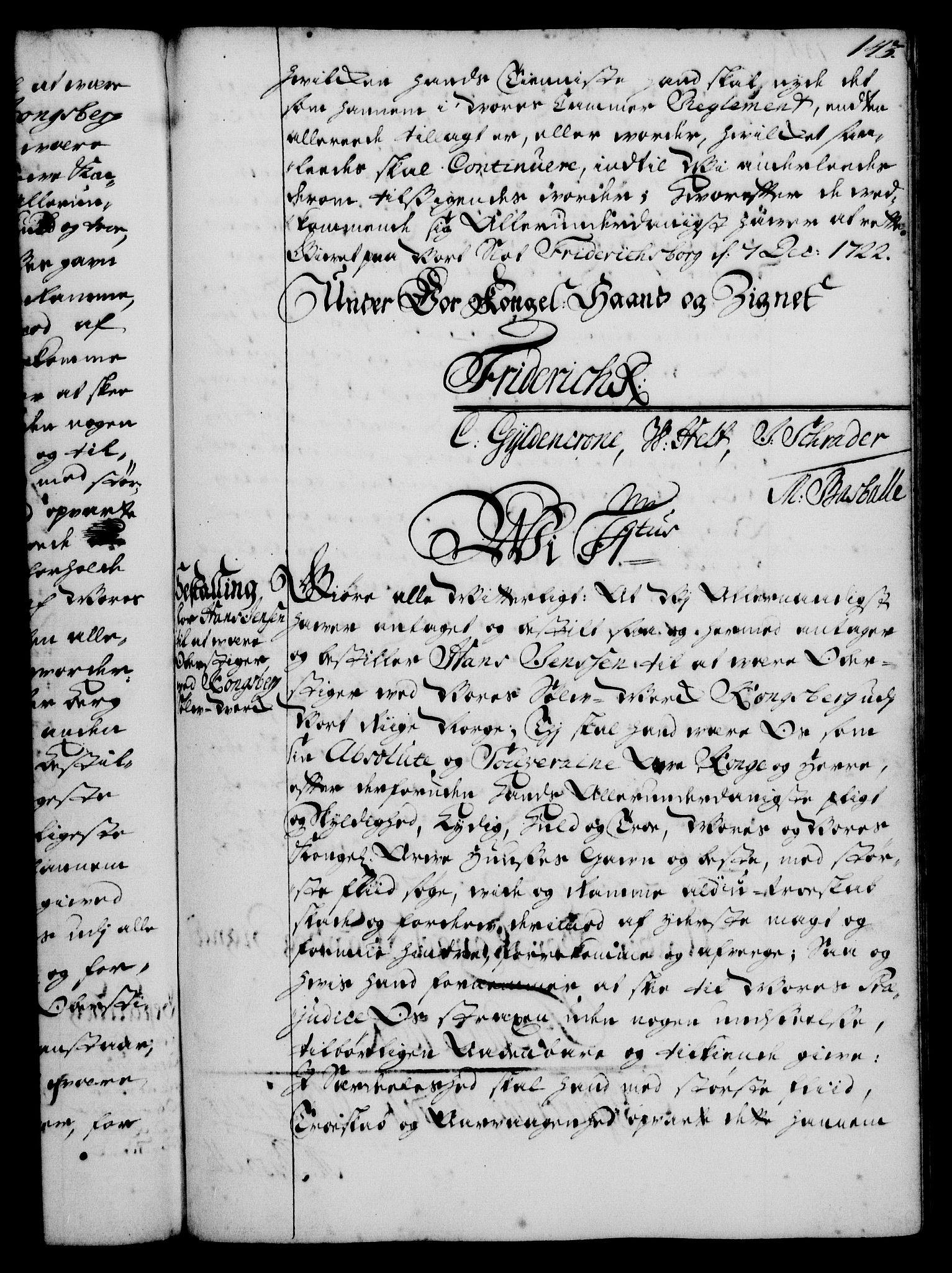Rentekammeret, Kammerkanselliet, RA/EA-3111/G/Gg/Gge/L0001: Norsk bestallingsprotokoll med register (merket RK 53.25), 1720-1730, p. 143
