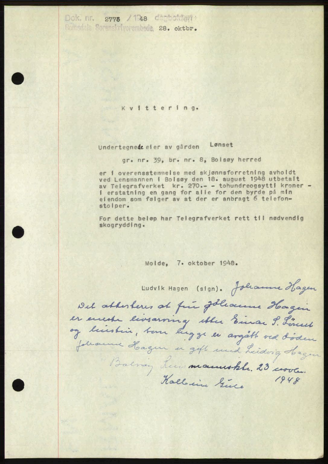 Romsdal sorenskriveri, AV/SAT-A-4149/1/2/2C: Mortgage book no. A27, 1948-1948, Diary no: : 2773/1948