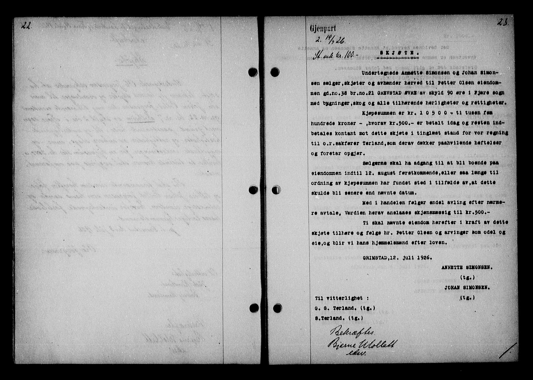 Vestre Nedenes/Sand sorenskriveri, AV/SAK-1221-0010/G/Gb/Gba/L0036: Mortgage book no. 62, 1926-1928, p. 22-23