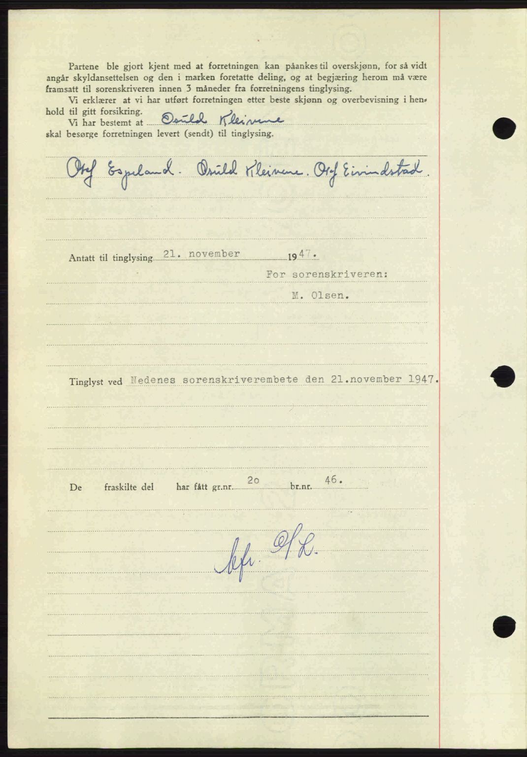 Nedenes sorenskriveri, AV/SAK-1221-0006/G/Gb/Gba/L0058: Mortgage book no. A10, 1947-1948, Diary no: : 1721/1947