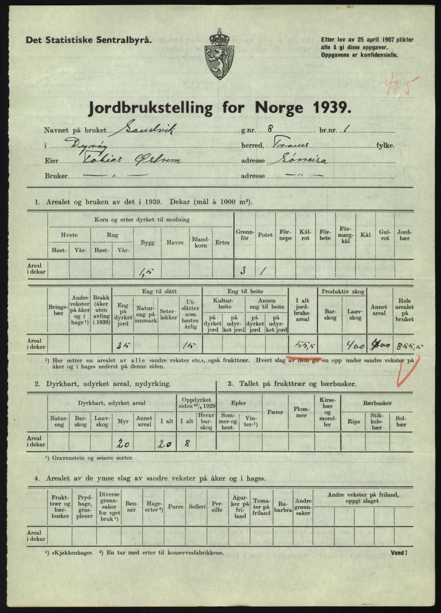 Statistisk sentralbyrå, Næringsøkonomiske emner, Jordbruk, skogbruk, jakt, fiske og fangst, AV/RA-S-2234/G/Gb/L0340: Troms: Salangen og Dyrøy, 1939, p. 1520