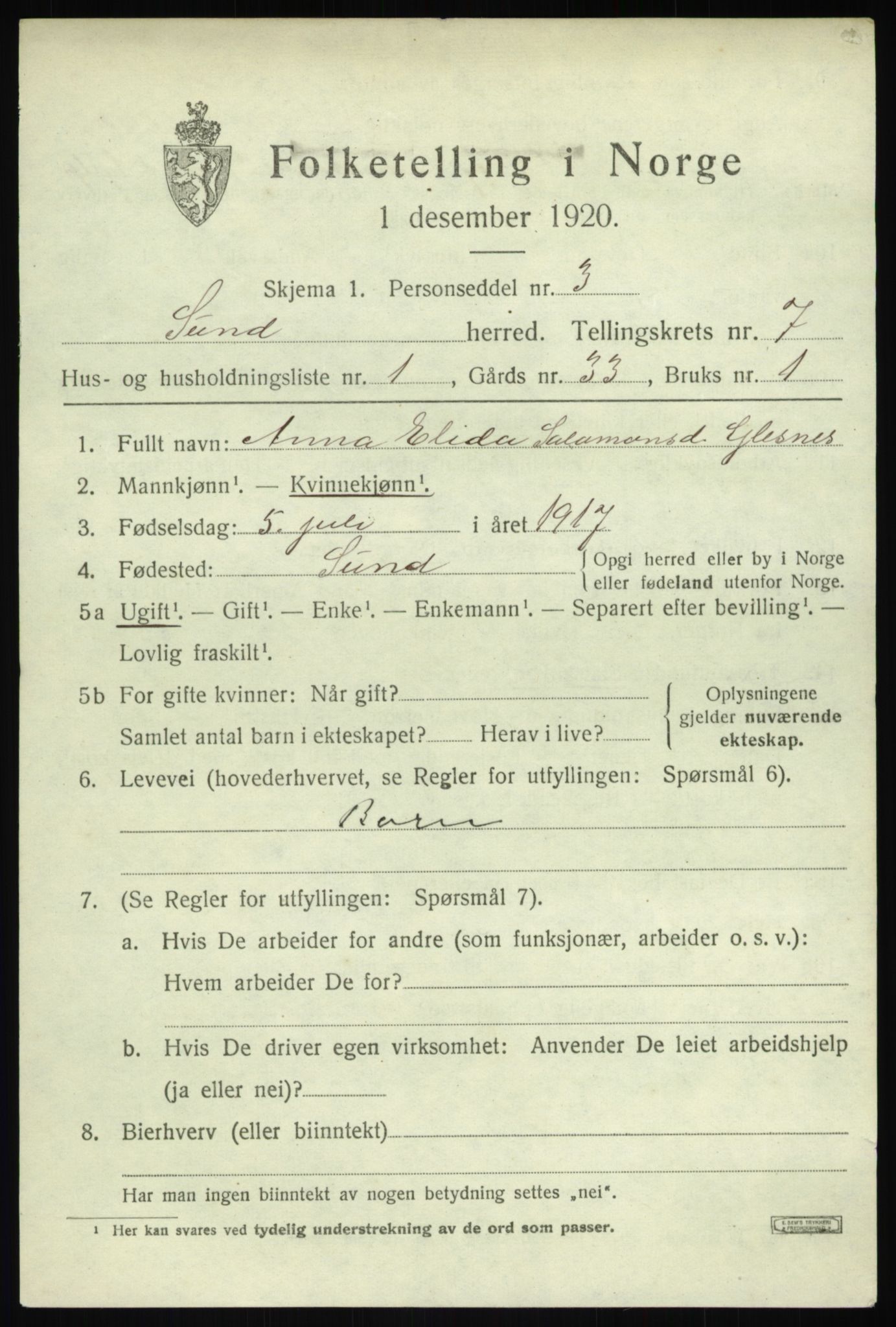 SAB, 1920 census for Sund, 1920, p. 4417