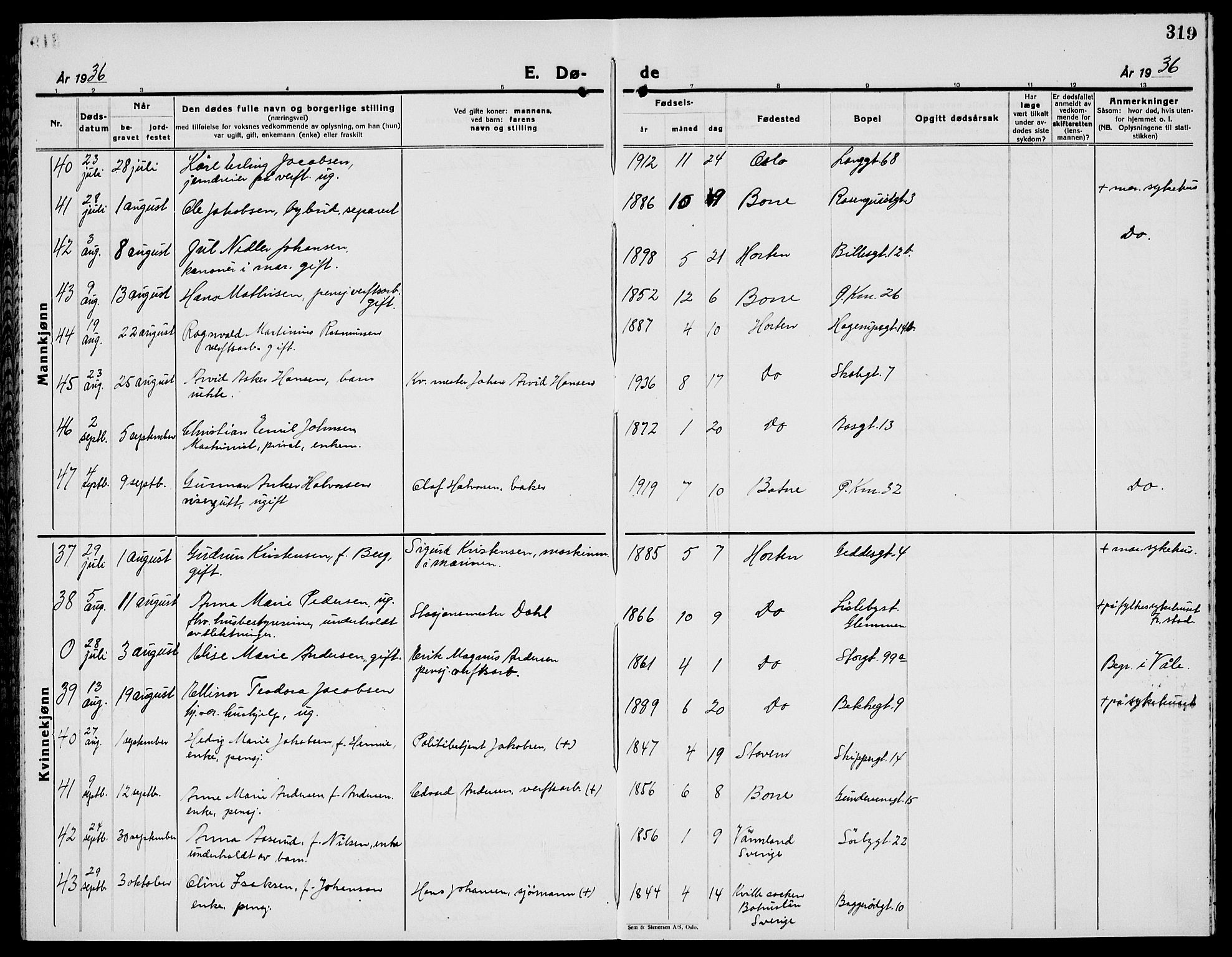 Horten kirkebøker, AV/SAKO-A-348/G/Ga/L0009: Parish register (copy) no. 9, 1926-1936, p. 319