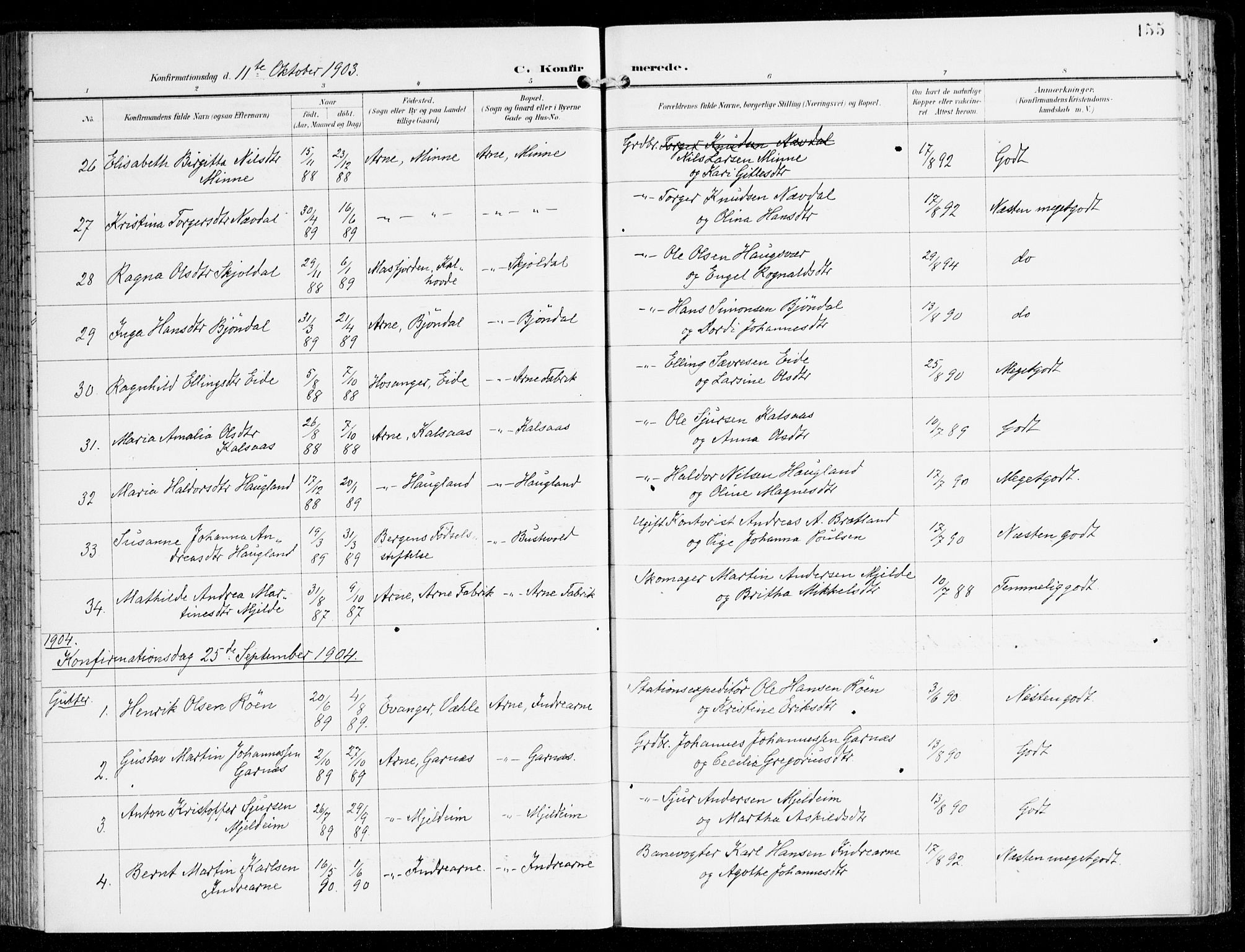 Haus sokneprestembete, AV/SAB-A-75601/H/Haa: Parish register (official) no. D 2, 1899-1912, p. 155