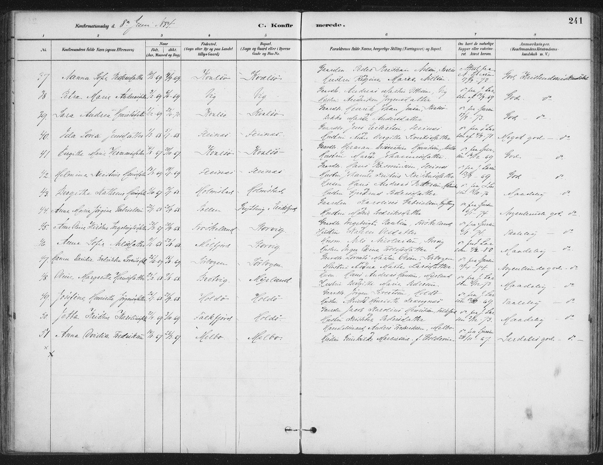 Ministerialprotokoller, klokkerbøker og fødselsregistre - Nordland, AV/SAT-A-1459/888/L1244: Parish register (official) no. 888A10, 1880-1890, p. 241