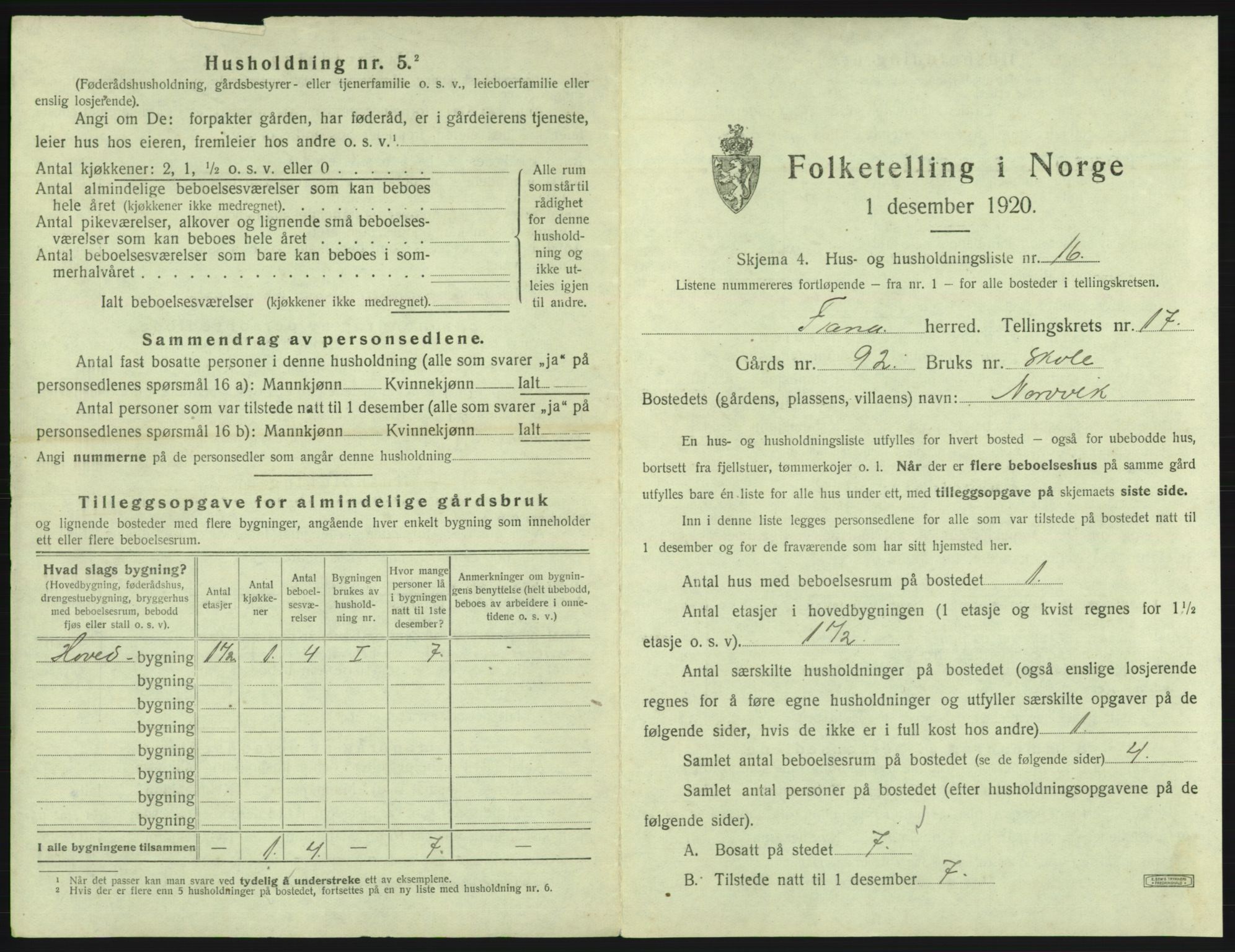 SAB, 1920 census for Fana, 1920, p. 2692