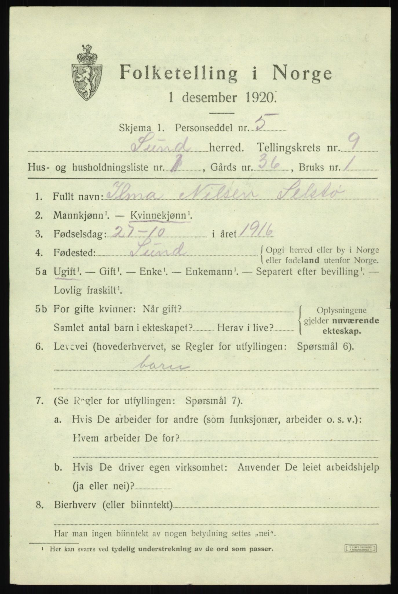 SAB, 1920 census for Sund, 1920, p. 5311