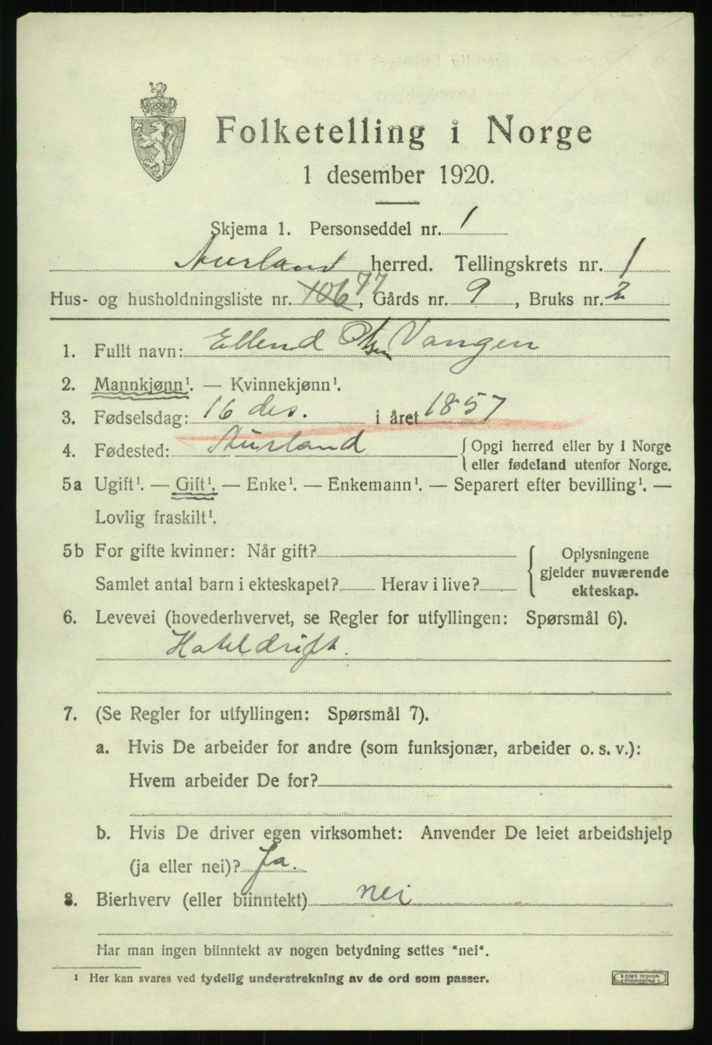 SAB, 1920 census for Aurland, 1920, p. 1814