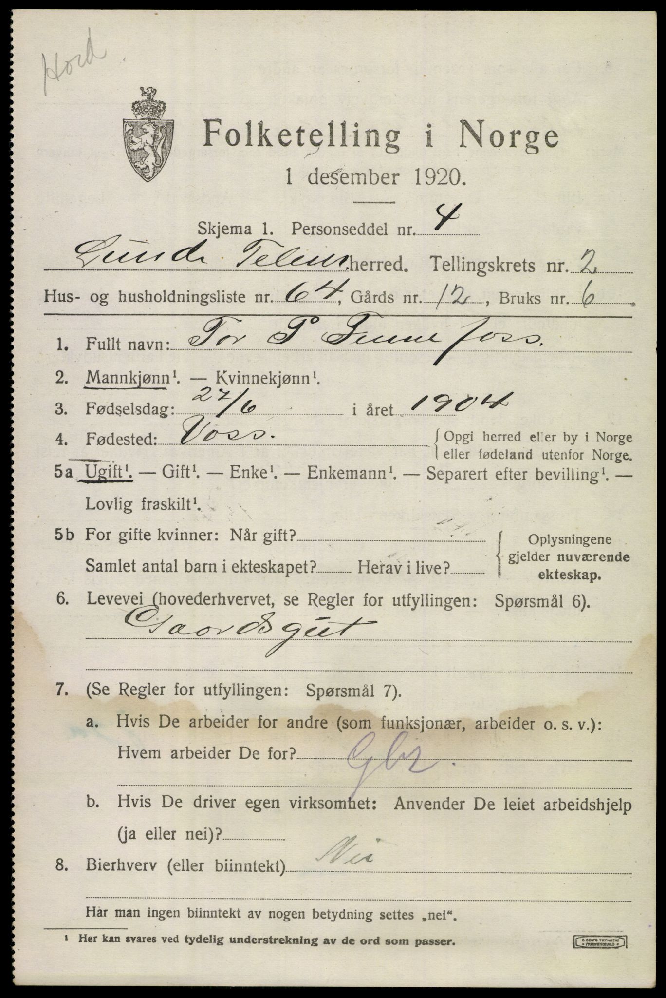 SAKO, 1920 census for Lunde, 1920, p. 2321